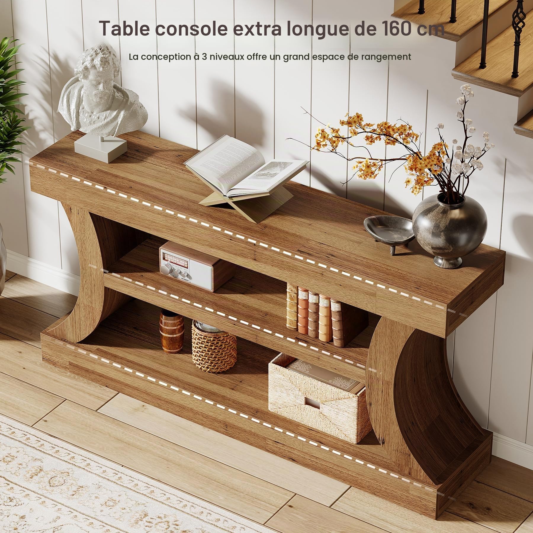 Tribesigns Table console d'entrée de 160 cm avec rangement, console TV avec design incurvé pour salon, chambre à coucher (noyer clair, 30 cm de profondeur x 160 cm de largeur