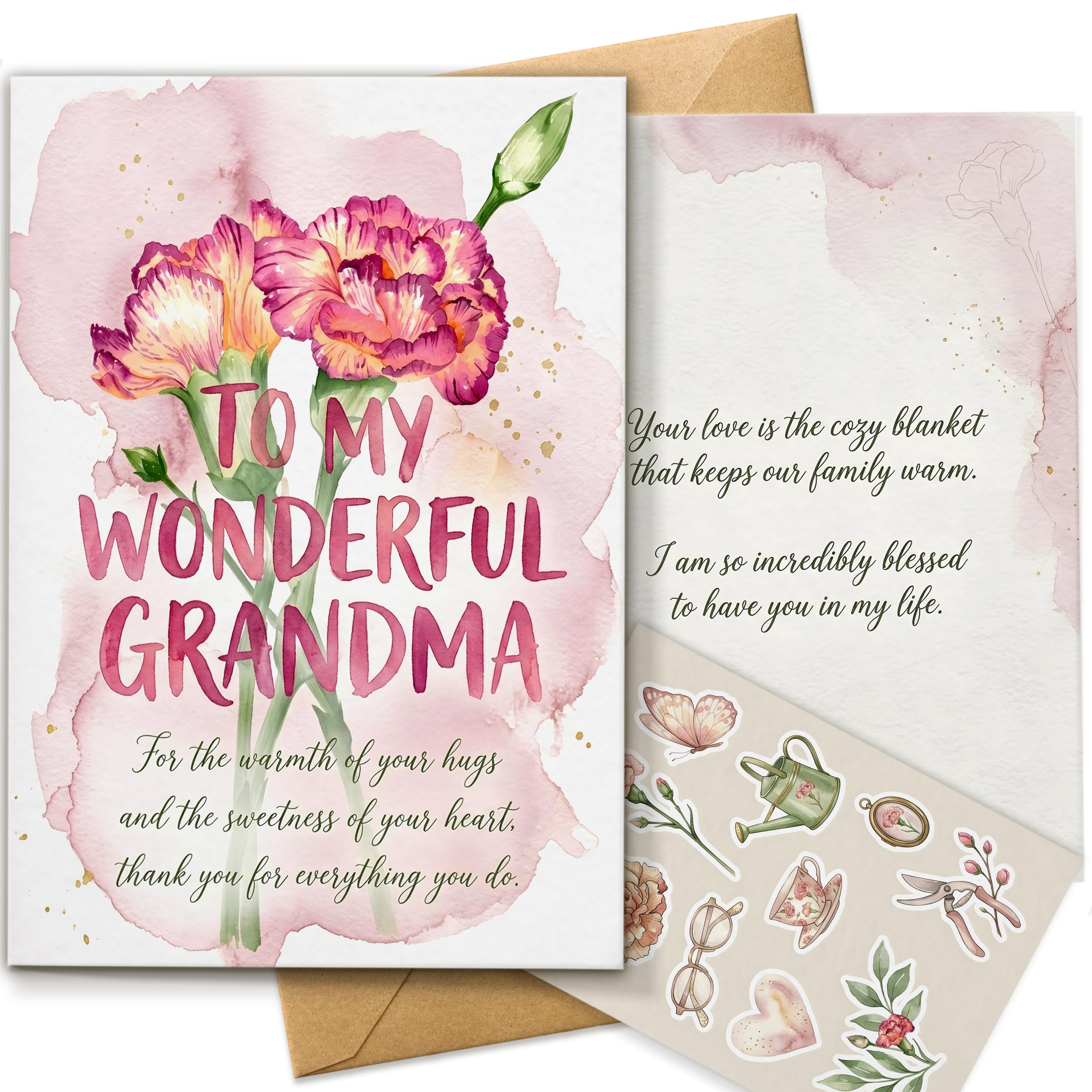 AIROW Floral Thank You Greeting Card for Grandma, Grandmother Appreciation Gift, Warm Watercolor Design, Standard A5 Size, Double-Sided Print, Original Artwork, Includes Kraft Envelope & Sticker Sheet