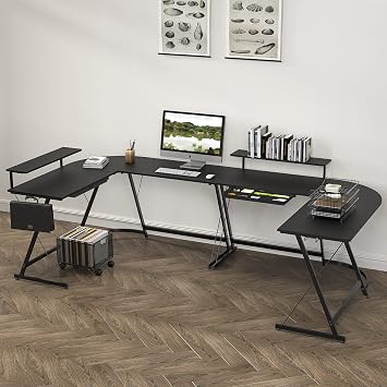 SHW 51 x 51 L-Shaped Corner Desk w/Monitor Stand and Drawer, Black