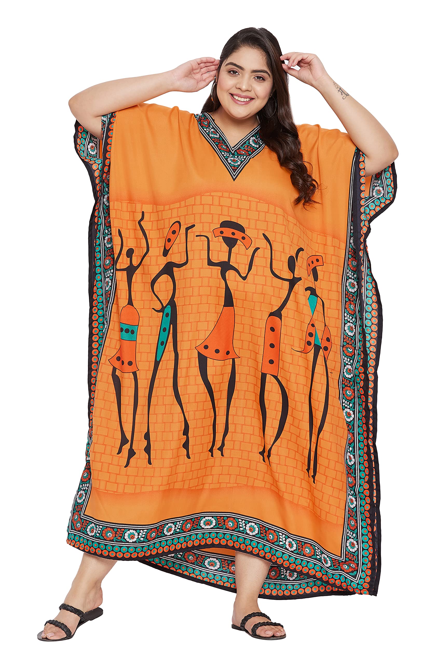 Gypsie Blu Polyester Women’s Plus Size Printed Caftan Maxi Dress Bathing Suit Cover-Up Loose Fit Summer Casual Outings Wear