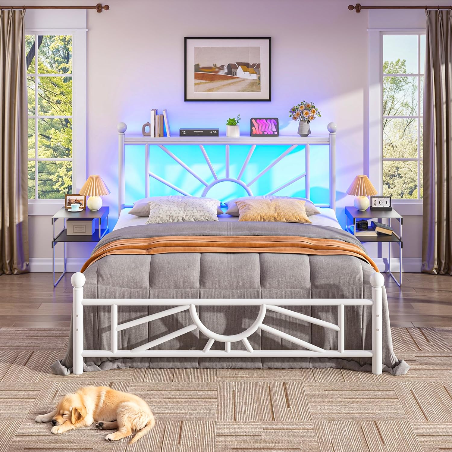 Metal Twin Bed Frames with Headboard and Footboard, Twin Bed Frame with LED Light, Mattress Foundation with Under Bed Storage/No Box Spring Needed/Noise-Free/Easy Assembly, White
