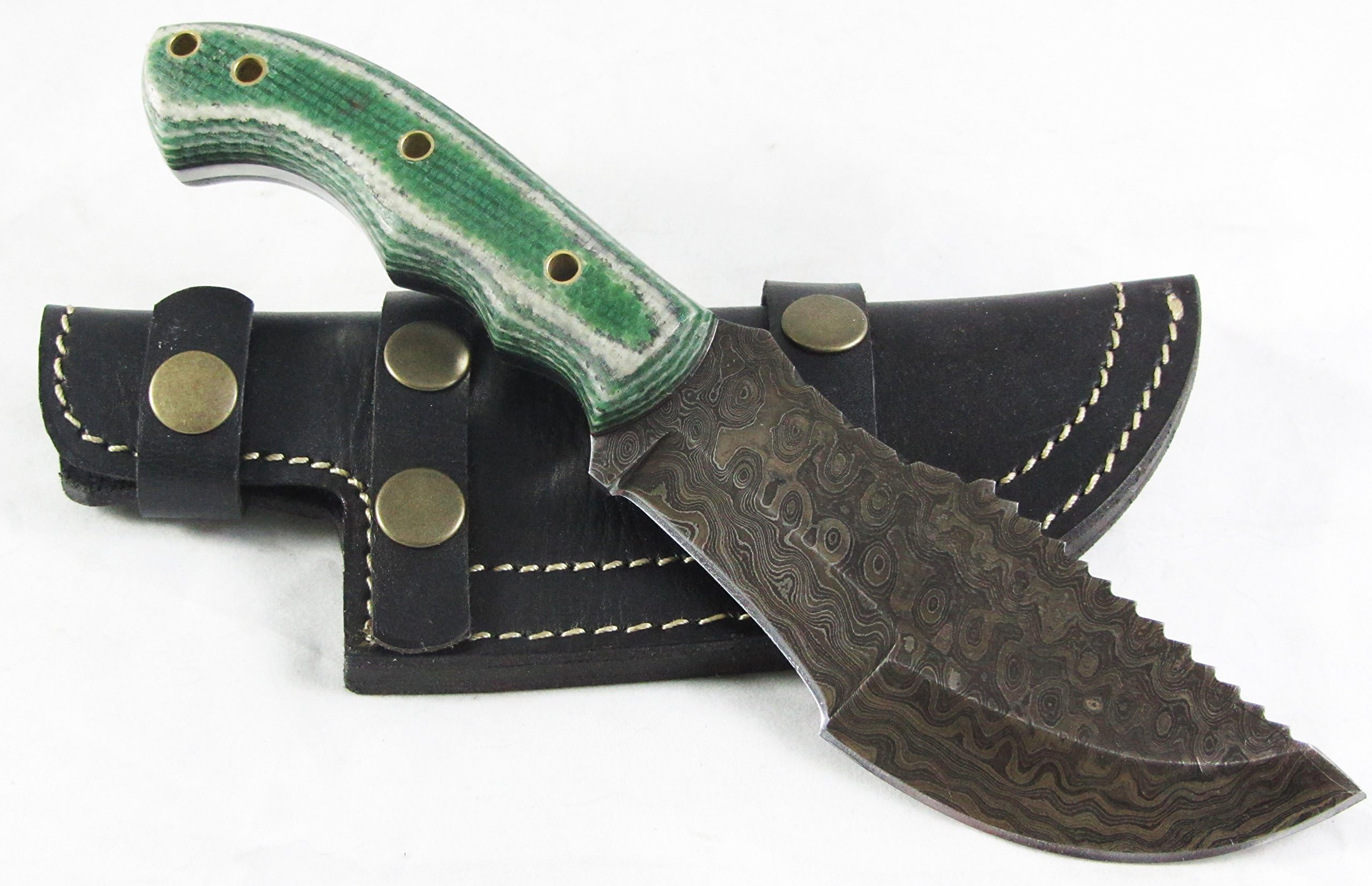 Moorhaus Handmade Raindrop Damascus G10 Micarta Tracker Knife with Black Leather Sheath - 100% Money Back Guaranteed.