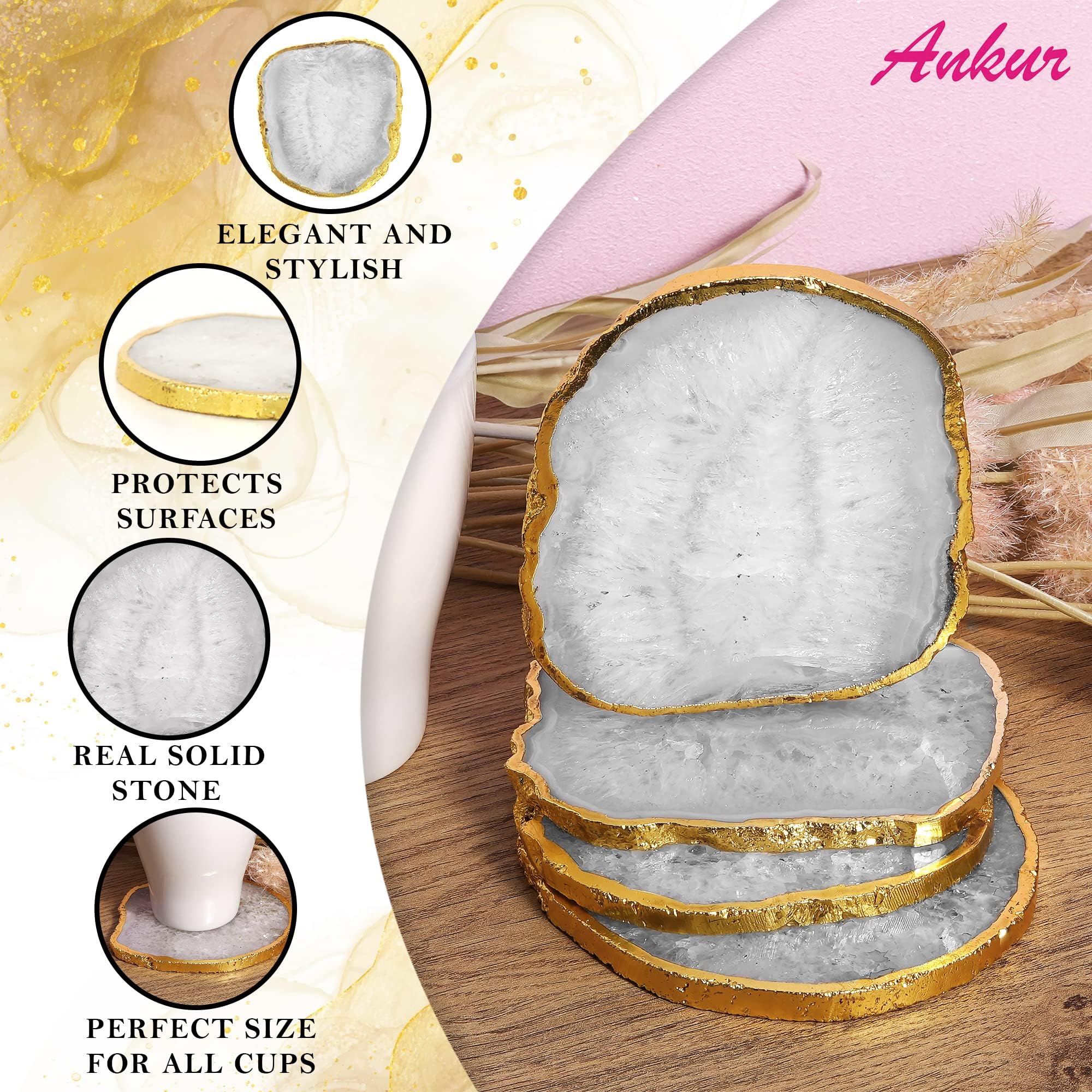 Posavasos de ágata Natural – Cristal de Piedra Preciosa Blanca brasileña con Borde Dorado | Adecuado para Mesa de café y Madera, Fiestas en casa, Regalos de Boda | Se Adapta a Cualquier Taza, Vaso,