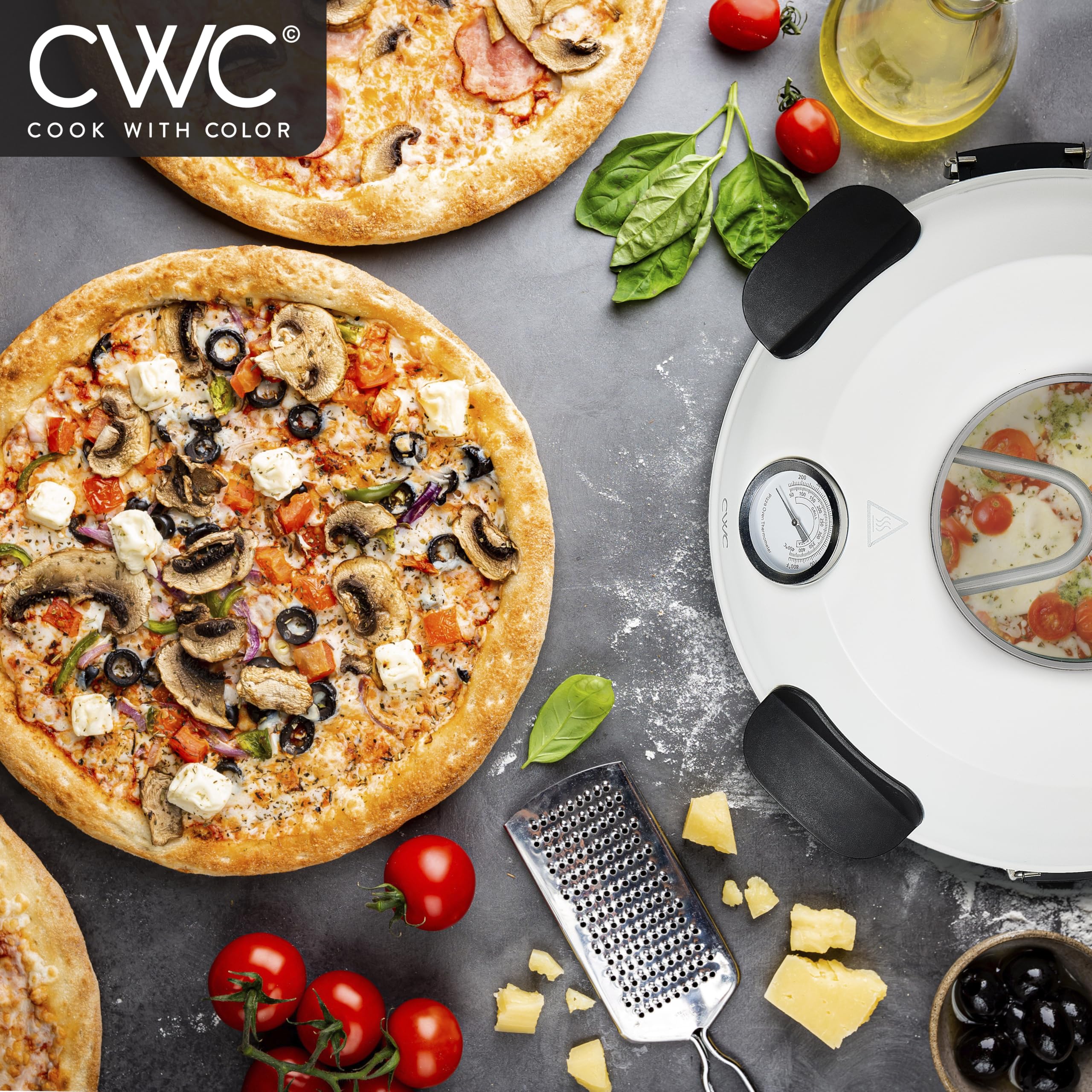 Cook With Color Electric Indoor Pizza Oven – Crispy Crust Countertop Pizza Maker, Heats up to 800˚F, 12 Inch Ceramic Stone, Dual Temperature Control Knobs, Bamboo Peel Included, Off White - Detailed View