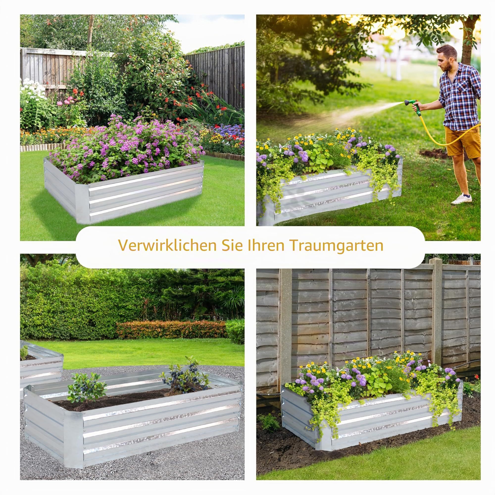 Sunnydaze 121,9 cm Langes Verzinktes Stahl Hochbeet für den Außenbereich - Rechteckiger Pflanzkübel für Gemüse und Blumen – Hochbeet Metall, Silber