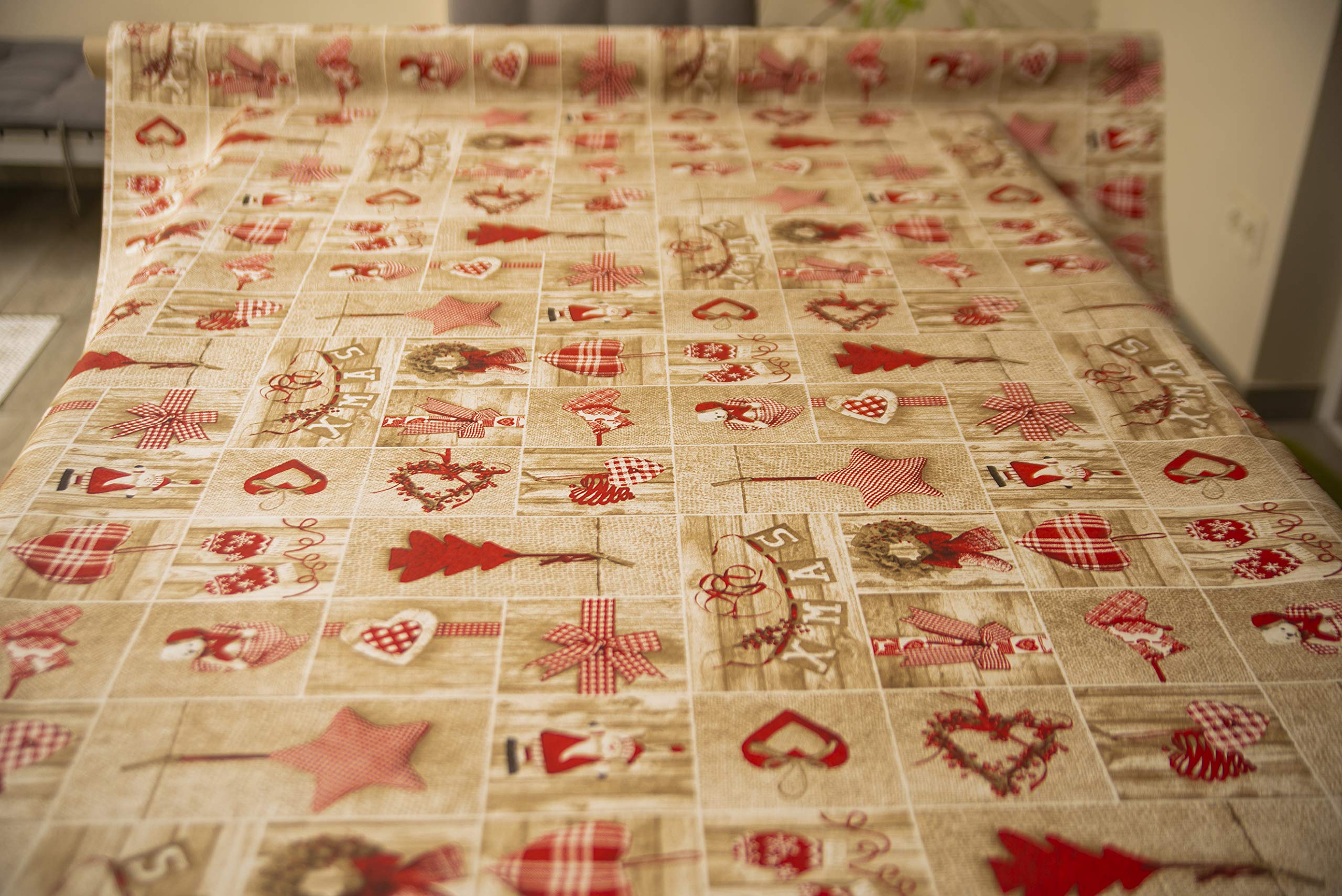 Mantel Tela Resinada Antimanchas Estampado Navidad Beige y Rojo Patchwork (140_x_400_cm )