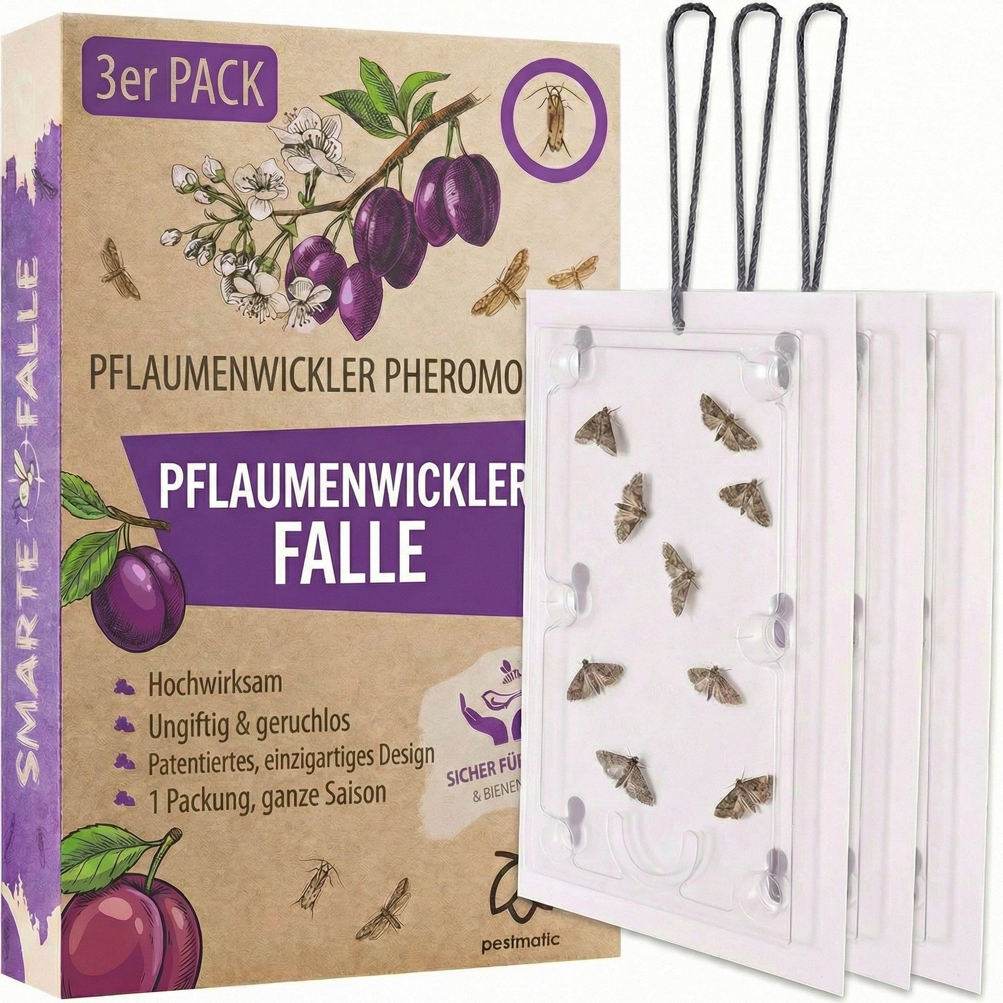 Pestmatic Pflaumenmotten Falle x3, Mottenfalle, Pflaumenwicklerfalle für Obstbäume,Pheromonfalle sicher für Vögel & Bestäuber, natürlicher Pflaumenschutz, Insektenfänger für draußen Madenbekämpfung