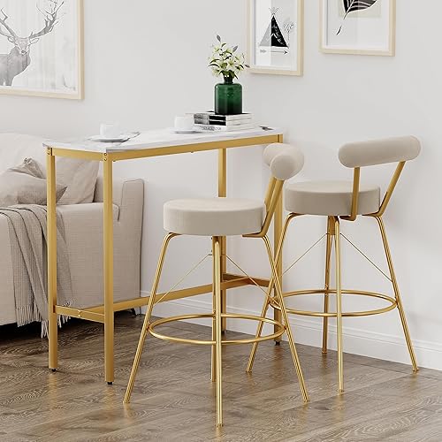 Miniatura 4 de Awonde Juego de 2 taburetes de bar giratorios dorados de terciopelo marfil, taburetes de bar de 30 pulgadas de altura para isla de cocina con patas
