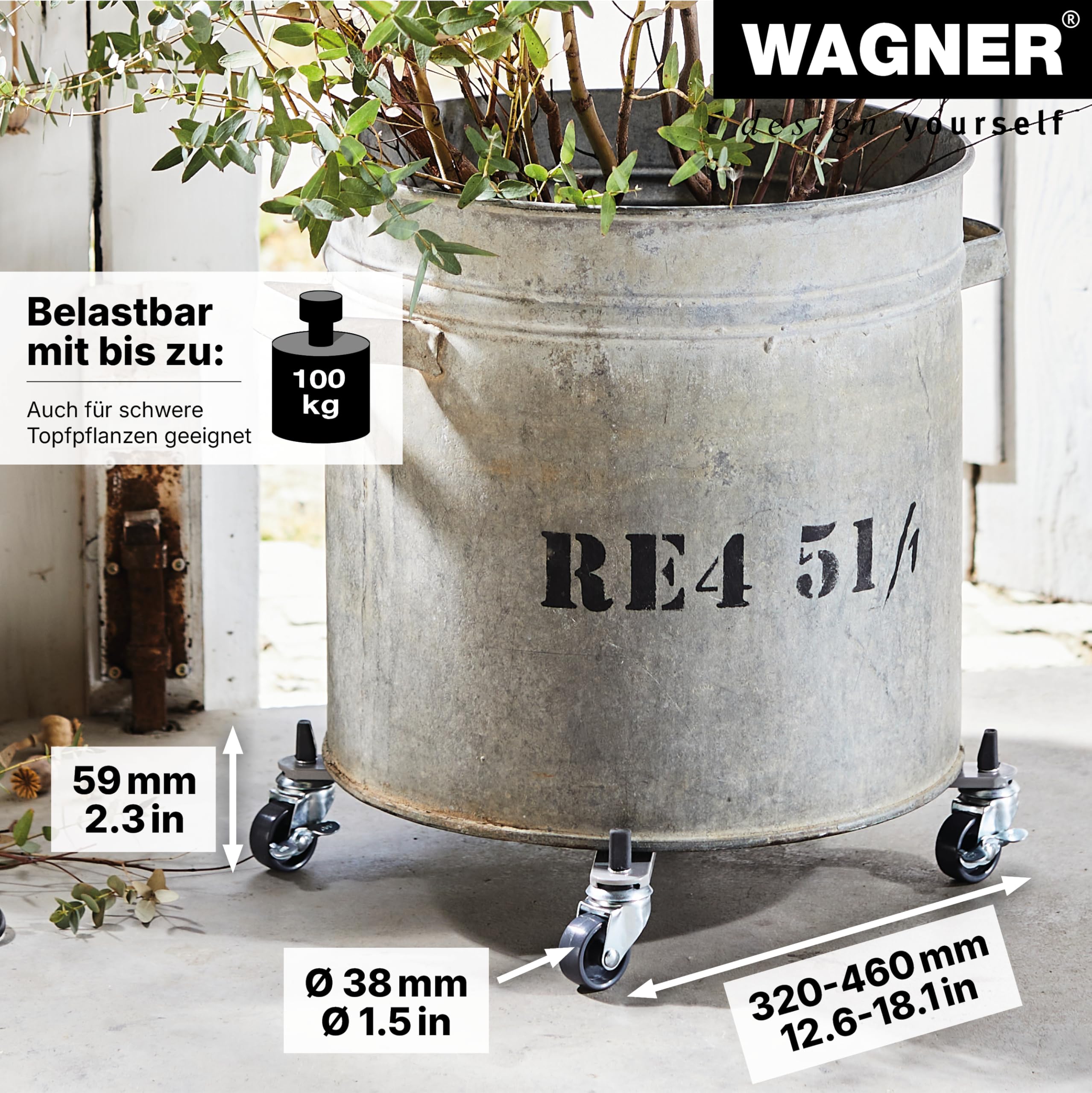 Wagner Carrello per Piante Sun City Basic allungabile 32-46 x 6 cm di Superficie Utilizzabile I Carrello per Fiori per Interni ed Esterni I 2 Freni I Acciaio Rivestito I Portata 100 kg - 20082701