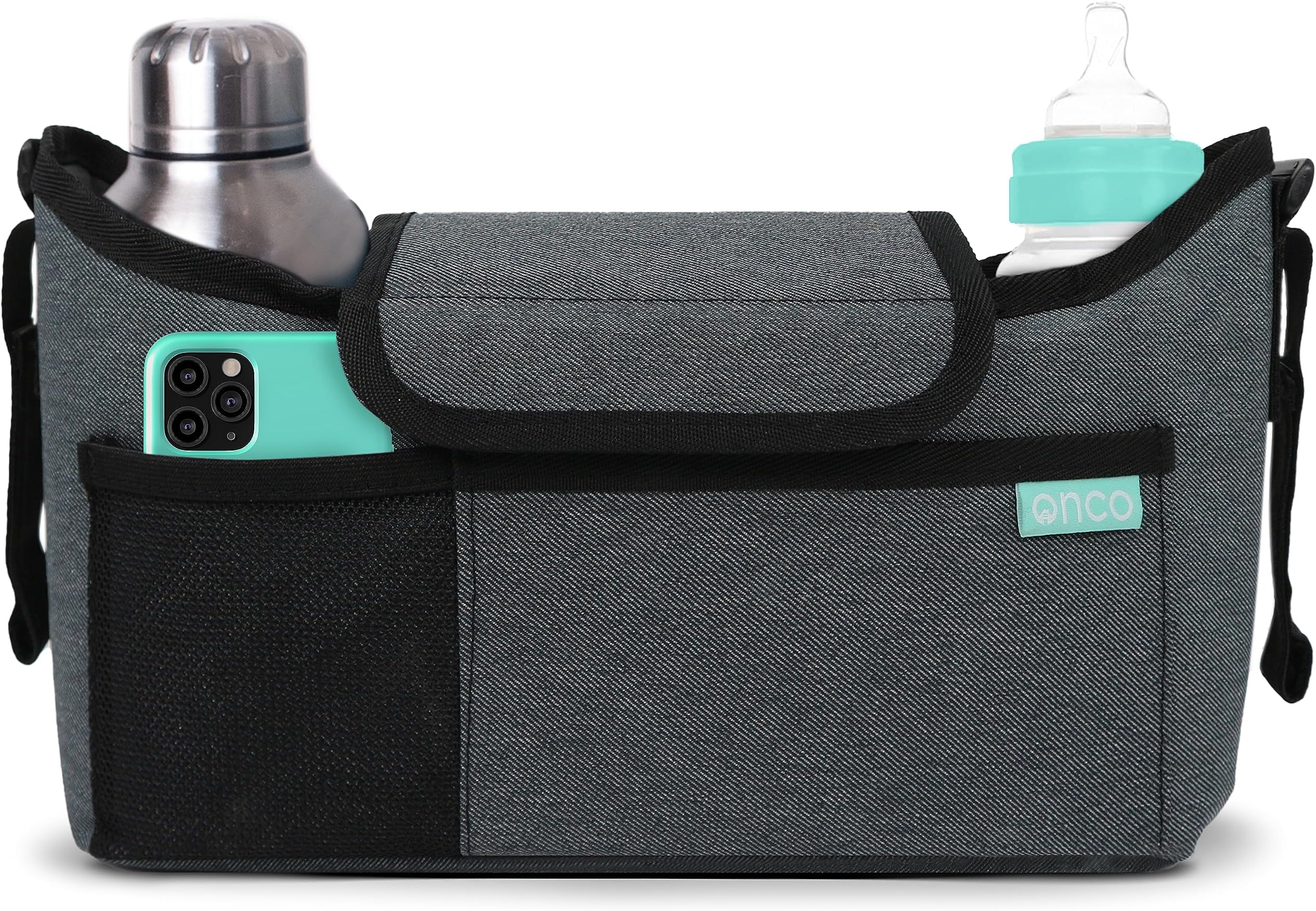 Onco Stroller Organizer with Stroller Cup Holder - Universal Stroller Caddy with Stroller Phone Holder, Stroller Caddy Organizer with Cup Holder, Stroller Accessories & Baby Essentials, Stroller Bag