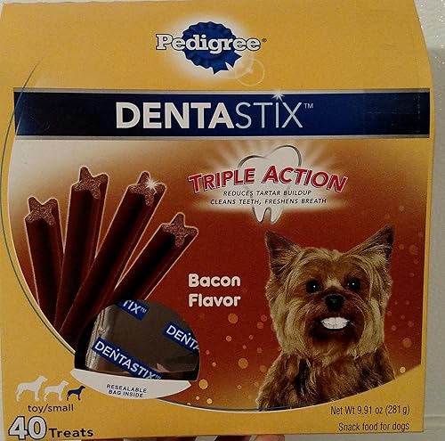 Dentastix - Golosinas para perros pequeños o de tamaño de juguete, caja grande de 40 unidades. Recomendado 1 x por día, sabor a tocino, respiración