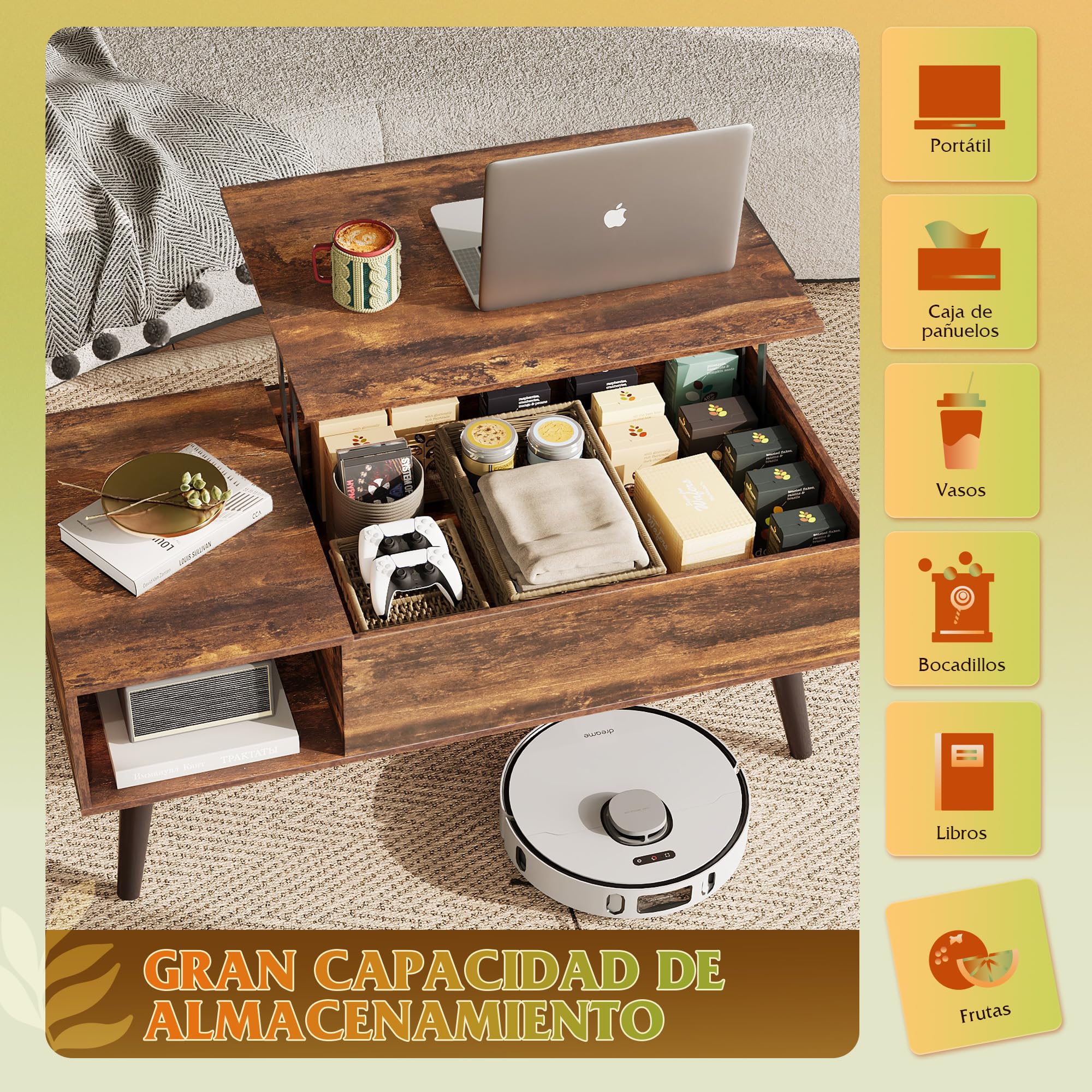 WLIVE Mesa de Centro Elevable y Extensible, Mesa de Salón con Almacenaje Oculto y Estantes Abiertos, Mesa Auxiliar Rectangular, Marrón Rústico