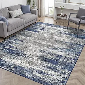 Area Rugs 8x10 for Living Room Bedroom, Modern Abstract Machine Washable Rug, Large Soft Low Pile Floor Cover with Non Slip Backing for Dining Room, Navy Blue Gray