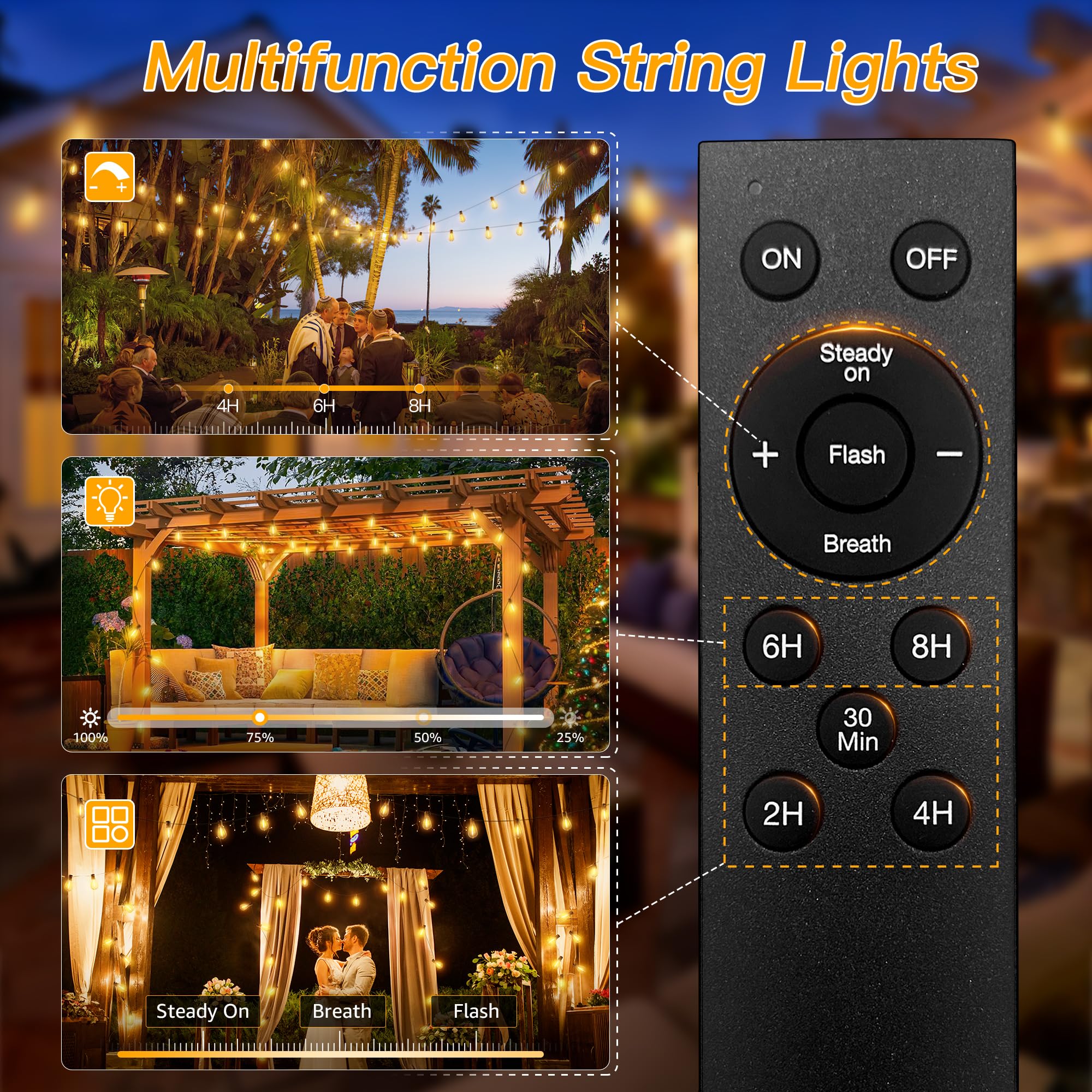 Ollny Cadena de luces solares para exteriores, 30 m, 35 + 2 bombillas LED, funciona con energía solar, S11, iluminación exterior con mando a distancia, 3 modos, función de temporizador, IP65