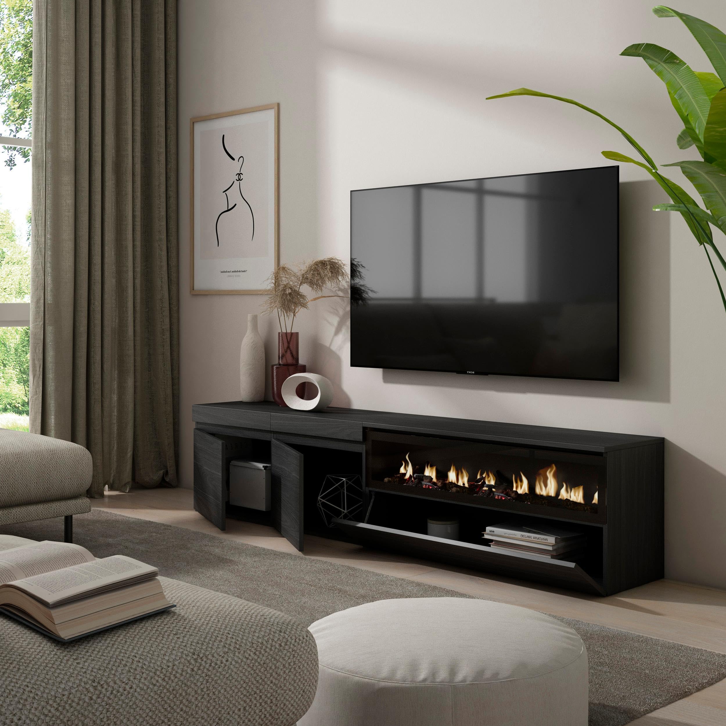 TV-Meubel, Lowboard, 210, Voor tv's tot 80, Elektrische haard XXL, Eiken/ Zwart