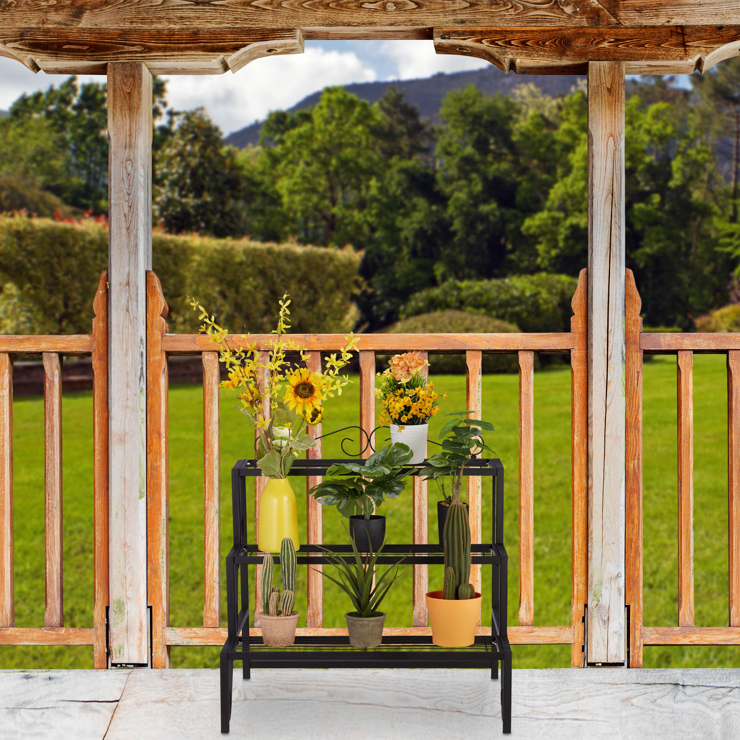 Relaxdays étagère extérieure Jardin, métal, 3 Niveaux, extérieur et intérieur, avec Ornement, HLP 69x70x60 cm, Noir