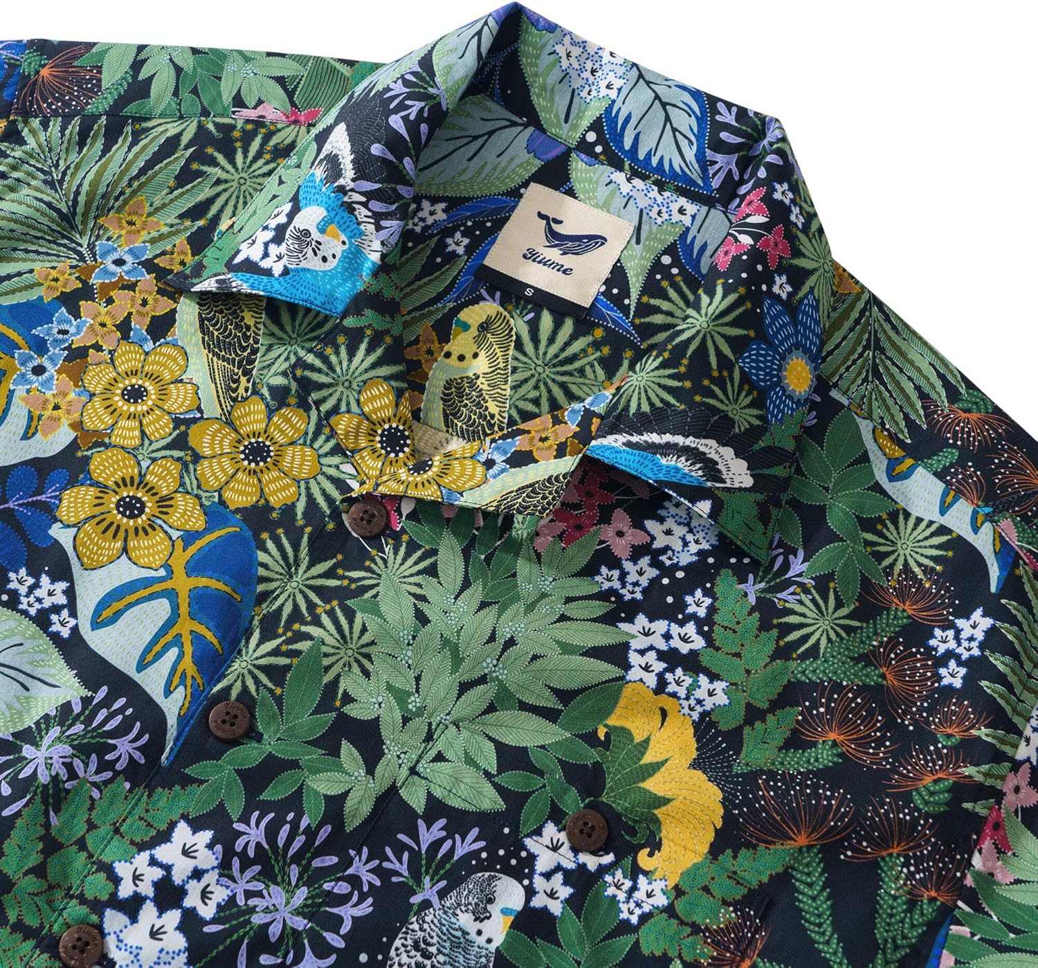YIUME Tropical Hawaiian Shirt for Men 100% Cotton Short Sleeve Green Camp Collar Parrot Aloha Shirt Parrot's Garden