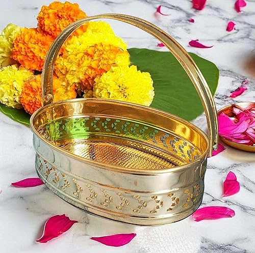 Pure Source India Cesta tradicional de latón, forma ovalada, Pooja Dalia, (dorado)