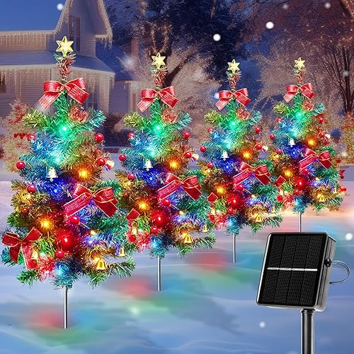 Árbol de Navidad solar, 4 paquetes cada uno de 2.5 pies de árbol de Navidad iluminado al aire libre con luces de Navidad multicolor, pequeño árbol