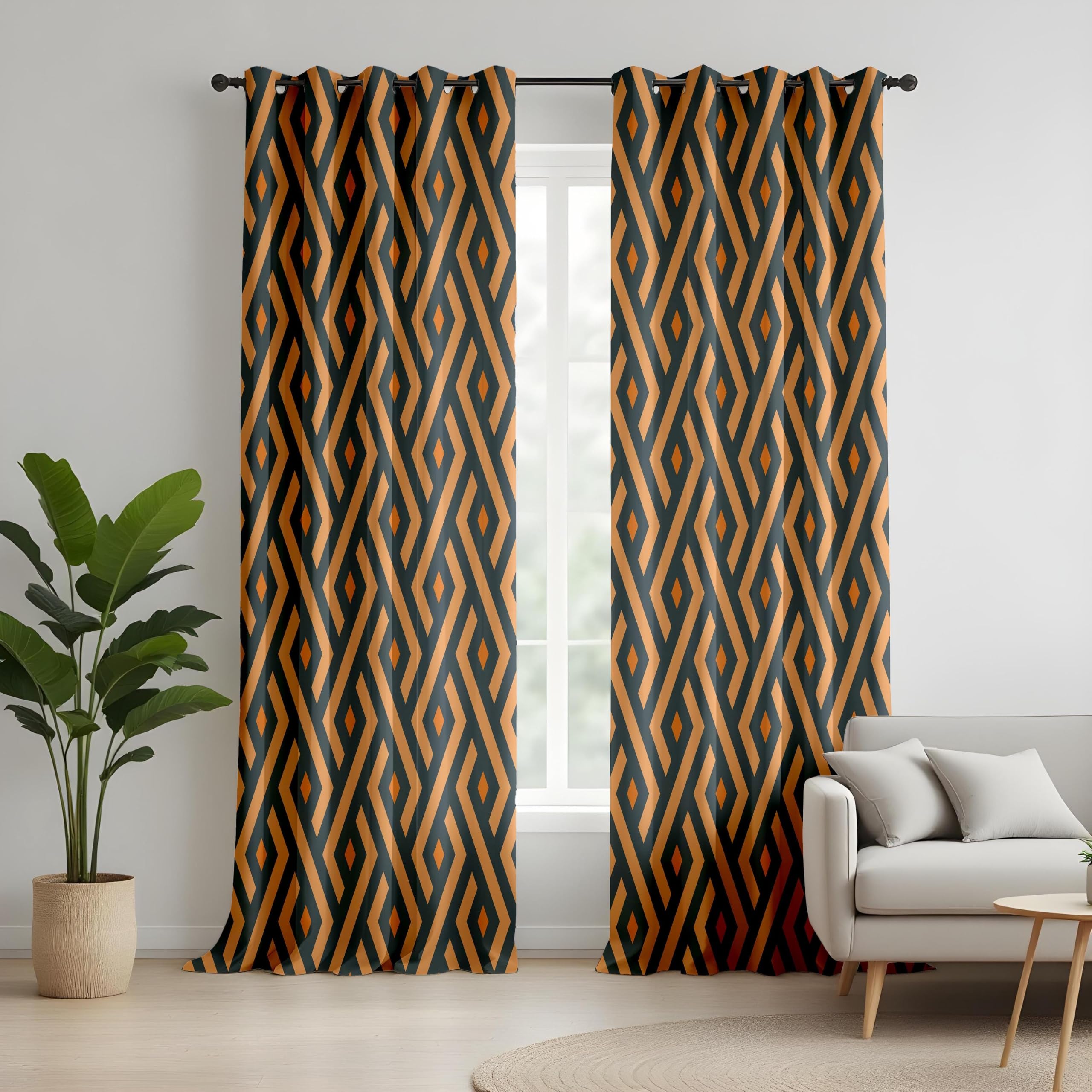 Rideaux occultants géométriques Art Déco, Motifs Audacieux Orange et Noir à Losanges, Panneaux de fenêtre à Motif Abstrait pour Une décoration intérieure Moderne (L x H / 2 x 200 x 265 cm)