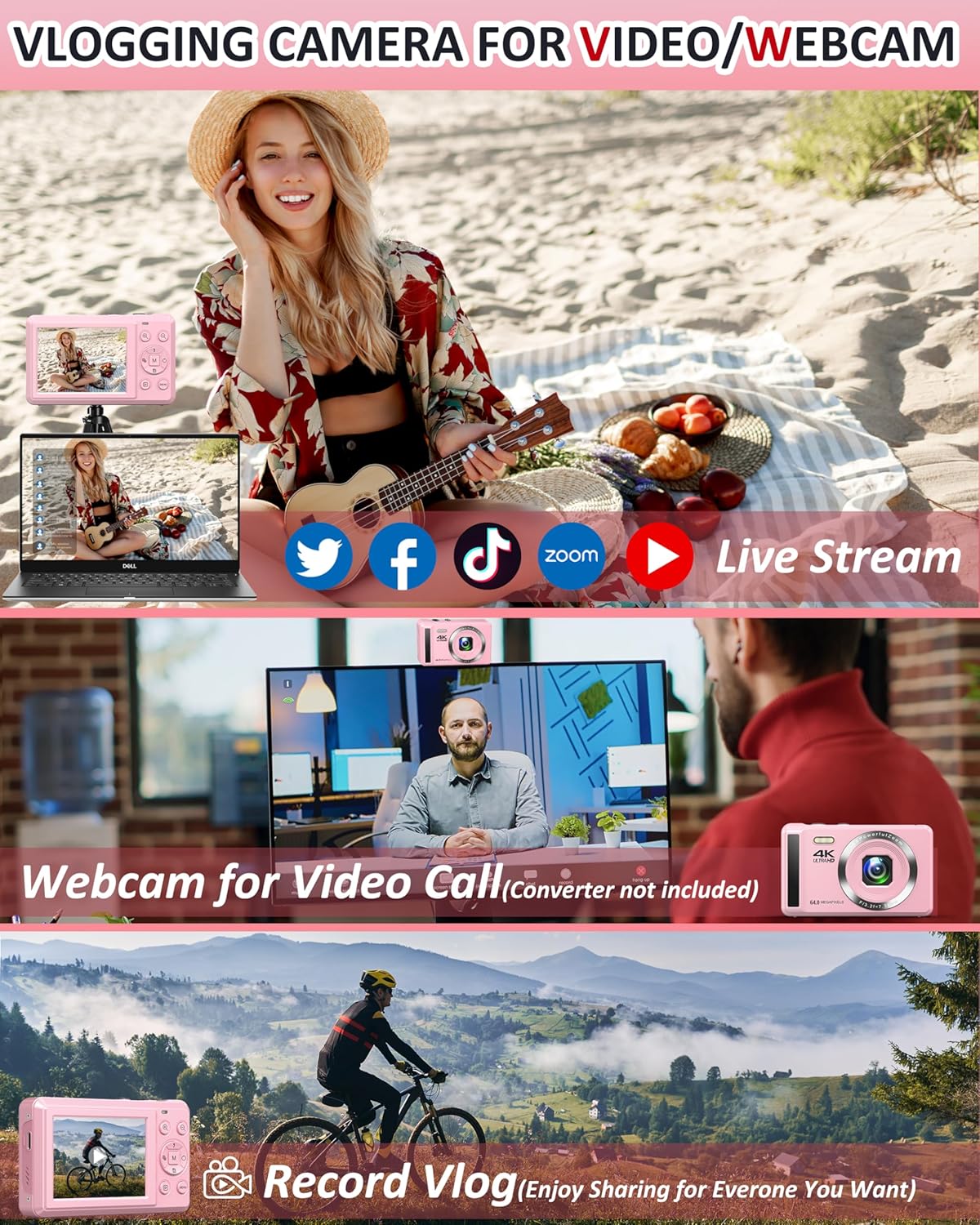 4K Digital Camera - 64MP UHD Digital Cameras for Photography - Autofocus Point and Shoot Camera Compact Cameras for Kids Teen Boys Girls - Small Camara with 16X Digital Zoom, 32GB SD Card, 2 Batteries - Image 5