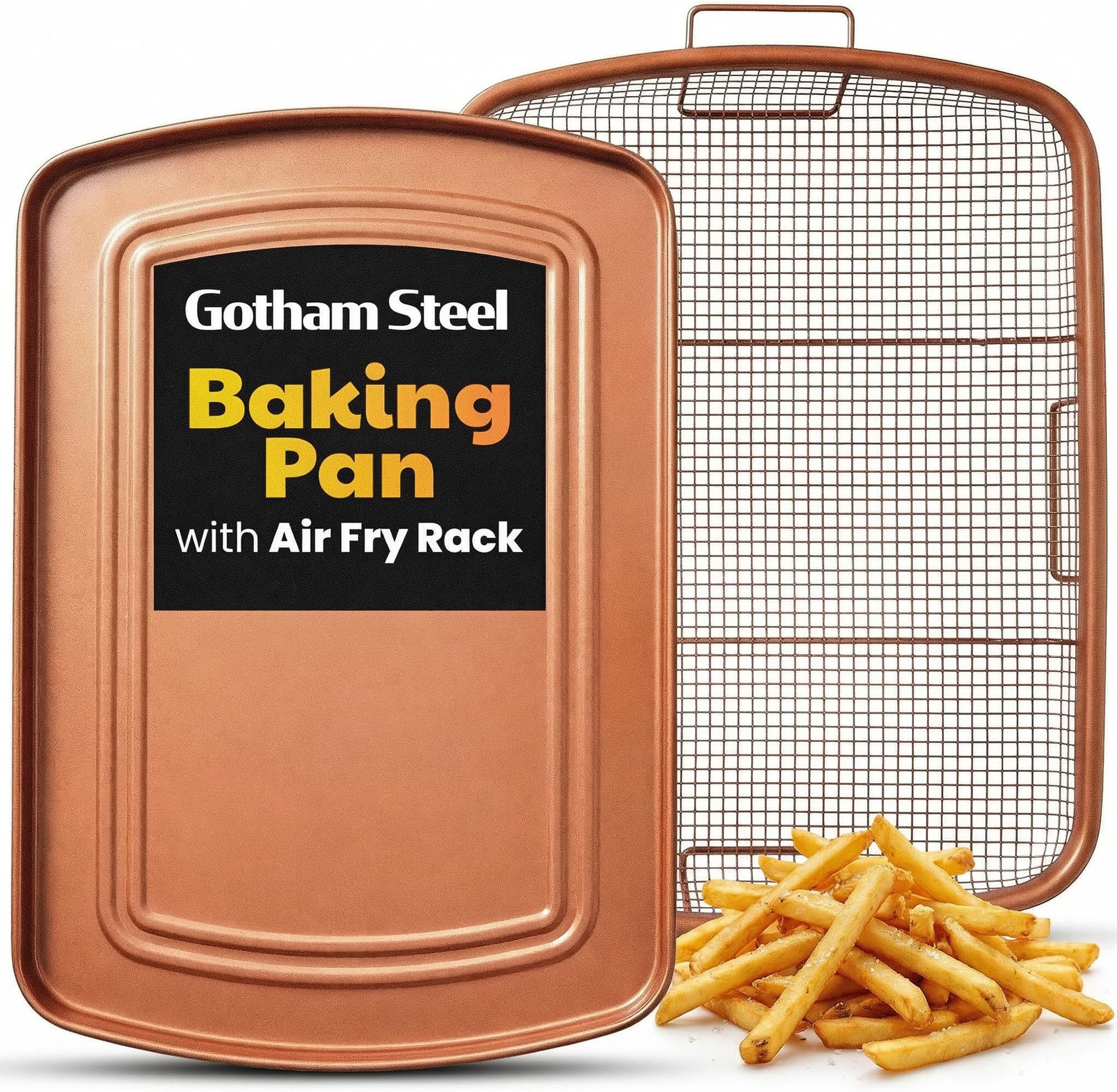 Air Fryer Basket for Convection Oven, 2 Piece Nonstick Copper Crisper Tray, Also Great for Baking & Crispy Foods, Dishwasher Safe – XXL 16.5” x 12.5”