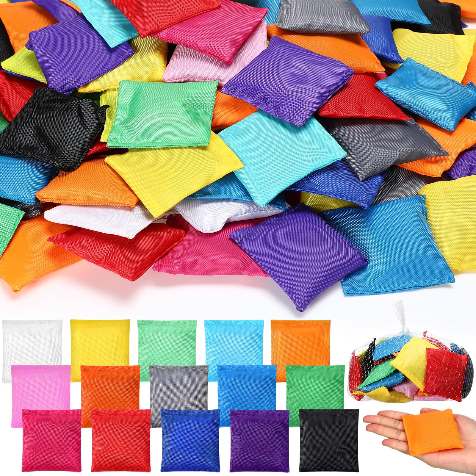 150 Pcs Small Bean Bags for Tossing Mini Colorful Cornhole Bean Bags Bulk Nylon Bean Bags with 15 White Mesh Bag Sack Tossing Beanbags Outdoor Family Game Hand Toss Party Game for Boys Girls