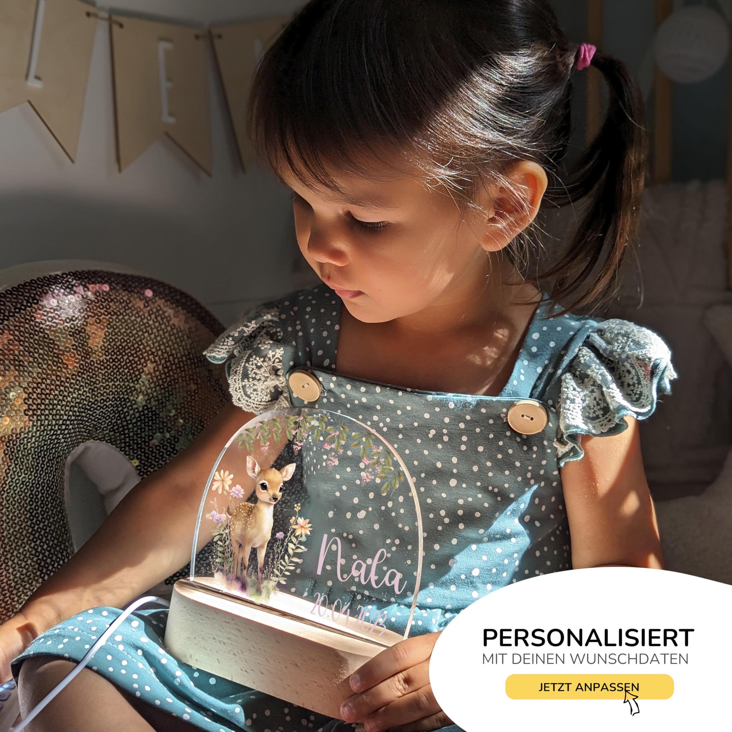 Kidsmood - Nachtlicht Baby - Personalisiertes Nachttischlampe mit Name & LED Stillicht Kinderzimmer, dimmbar - Geschenk zur Geburt, Taufe & Geburtstag für Mädchen & Jungen [Fuchs Floral]