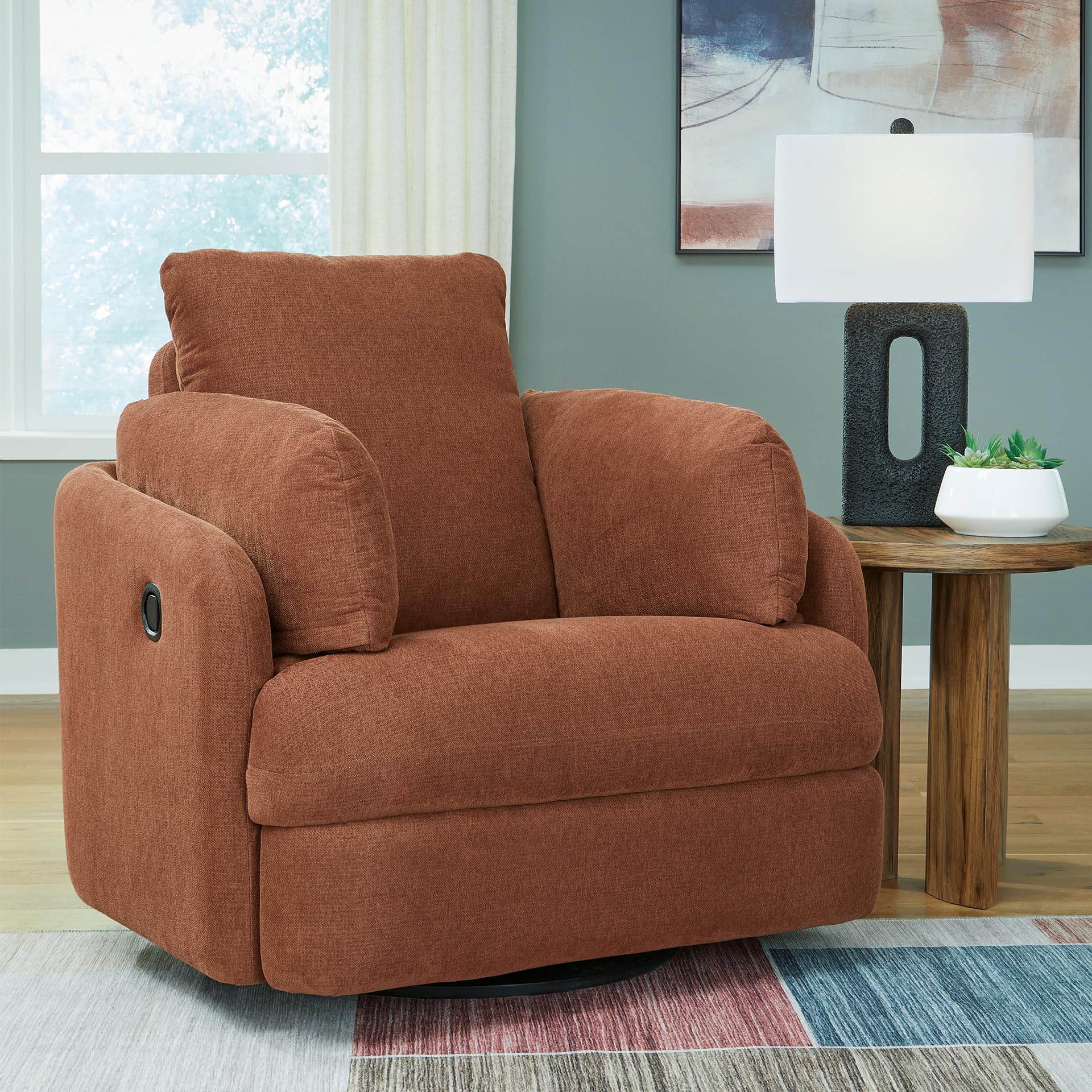 signature design by ashley modmax contemporary press-back swivel glider rocker recliner with machine washable cover, hidden storage compartments and 2 bolster pillows, orange