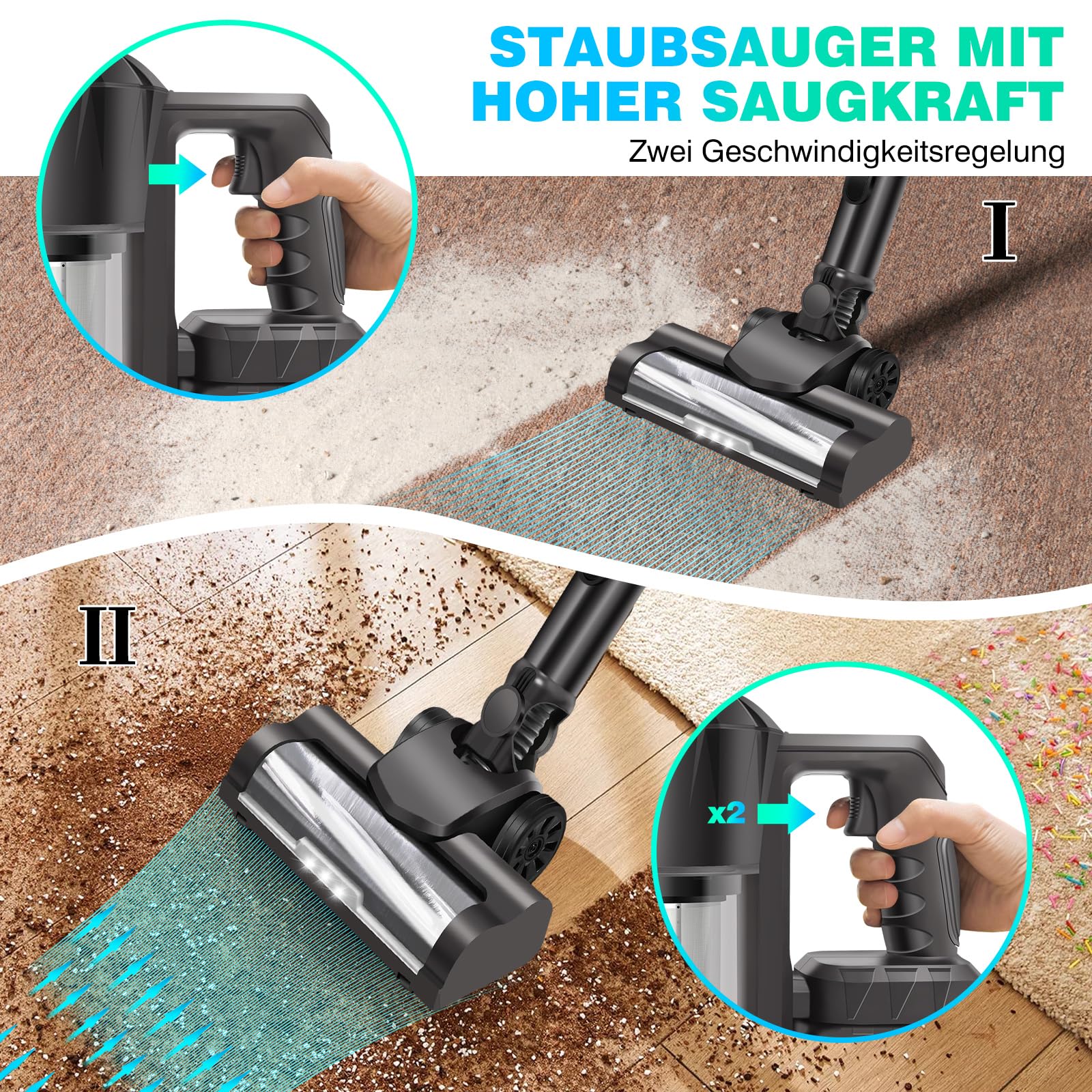 YouseaHome 15kpa Kabelloser Stabstaubsauger Kabelloser Staubsauger mit HEPA-Filter, Autostaubsauger Kabelloser Abnehmbarer Handstaubsauger mit 2x3000mAh Akkus, Handstaubsauger mit Led-Licht