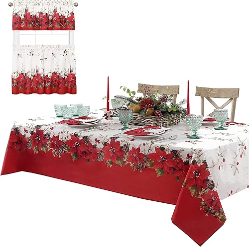 Miniatura 7 de Newbridge - Mantel navideño de tela con borde doblado, diseño tradicional de flor de pascua, color rojo con blanco, fácil cuidado, liberación de