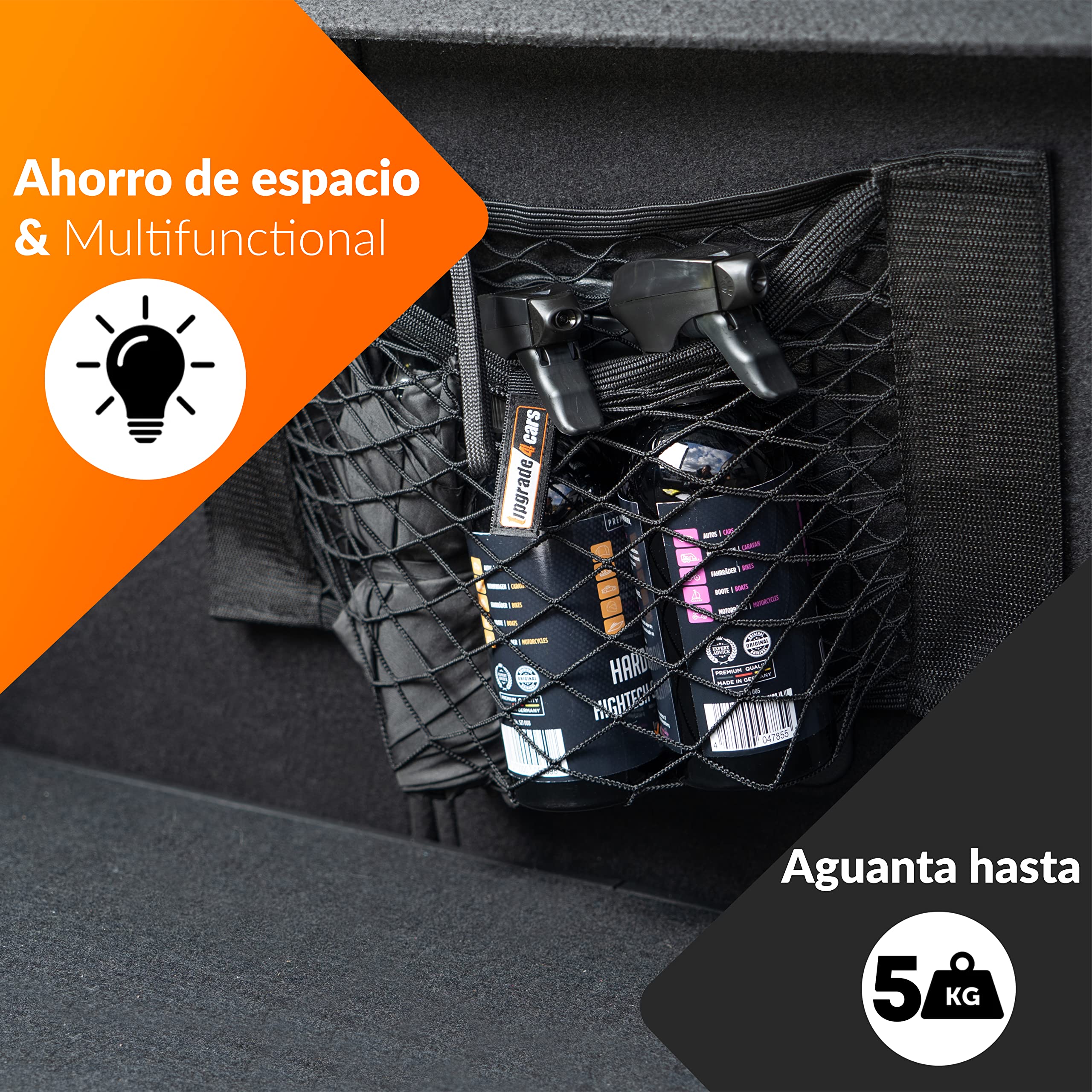 Upgrade4cars Red de Maletero para Coche | 4 Redes Portaobjetos 40 x 25 cm Pequeño y Útil | Bolsa Malla Baul Elastica | Accesorios Coches Interior