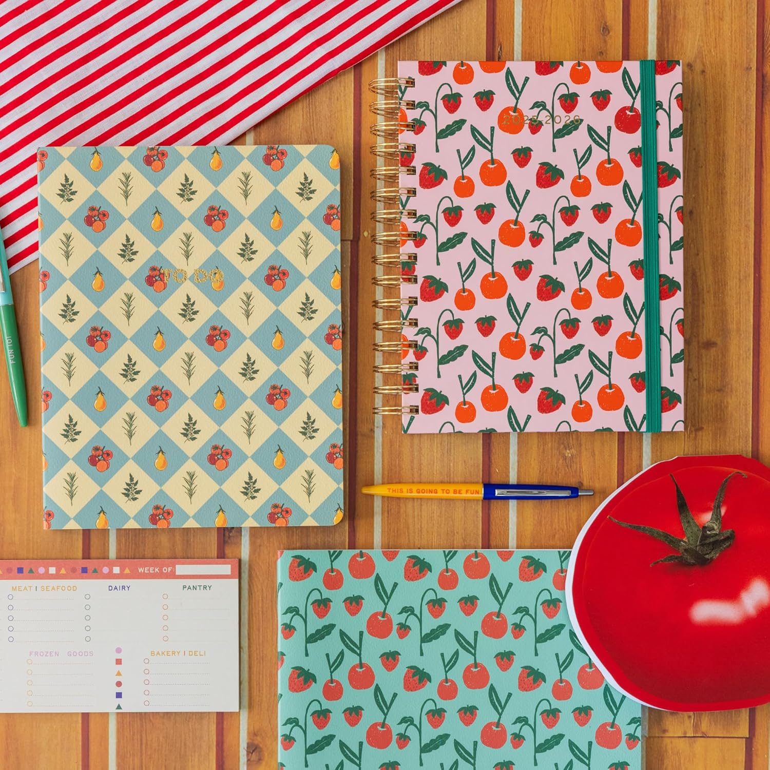 ban.do Undated Weekly Planner, Concealed Spiral Notebook with Stickers, To-Do Lists, Guided Wellness Journal, Daily Organizer for School or Office (Cherries and Strawberries Teal)