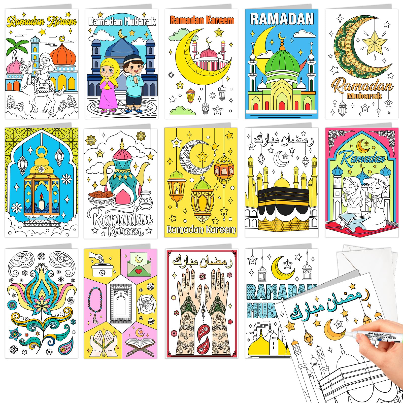 DPKOW Kids Colouring Ramadan Cards with Envelopes, 14 x Colouring Greeting Cards Ramadan Mubarak Crafting DIY Kids, Moon Star Mosque Floral Islamic Art Teapot Muslim Prayer Mat Camel Palm — image 1