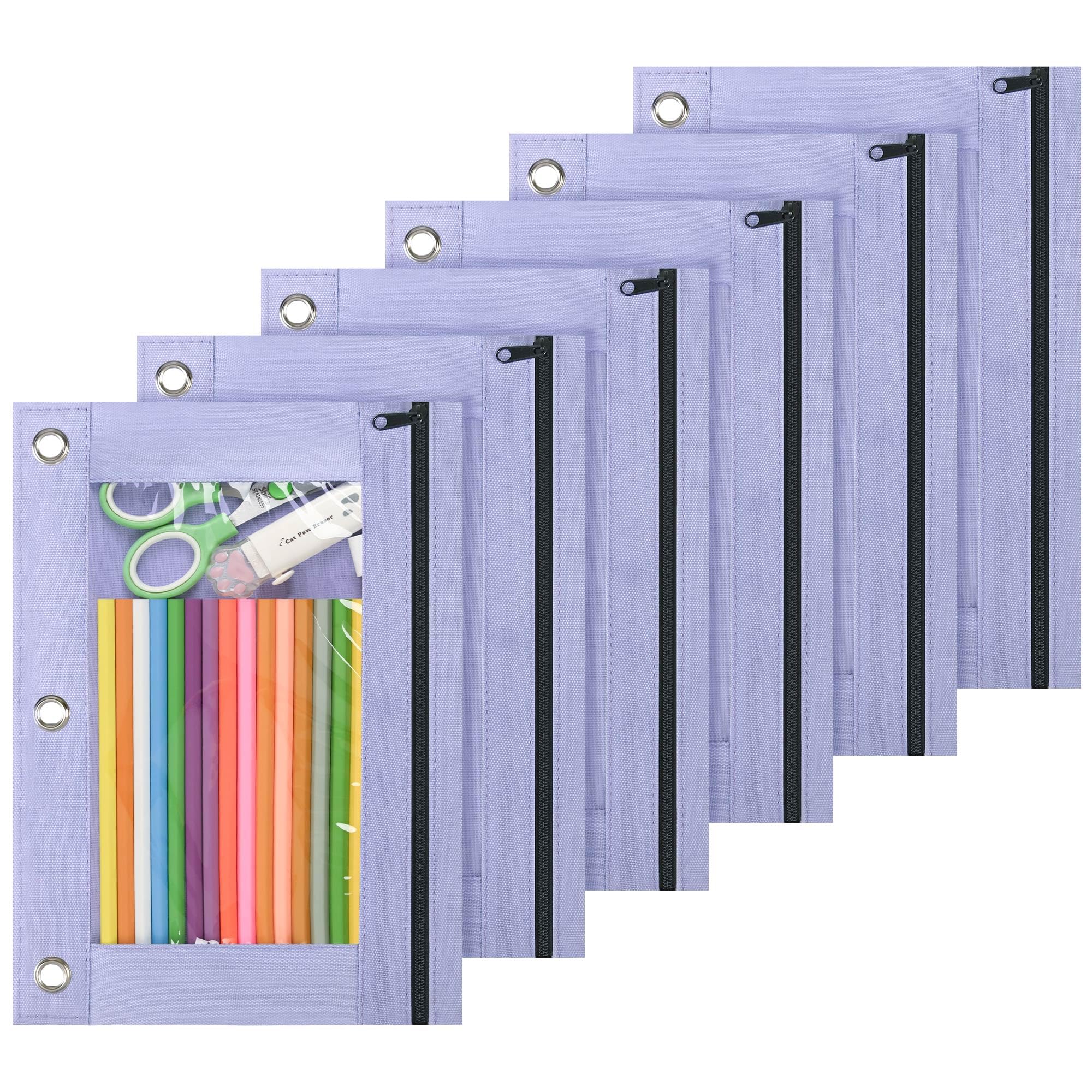 Lanpn Pencil Pouch for 3 Ring Binder 6 Pack, Purple Binder Pen Bags with Zipper, Cute 3 Holes Pencil Pouches Organizer for Boy Girl Kids School Student, Reinforced Grommets &amp; Clear Window