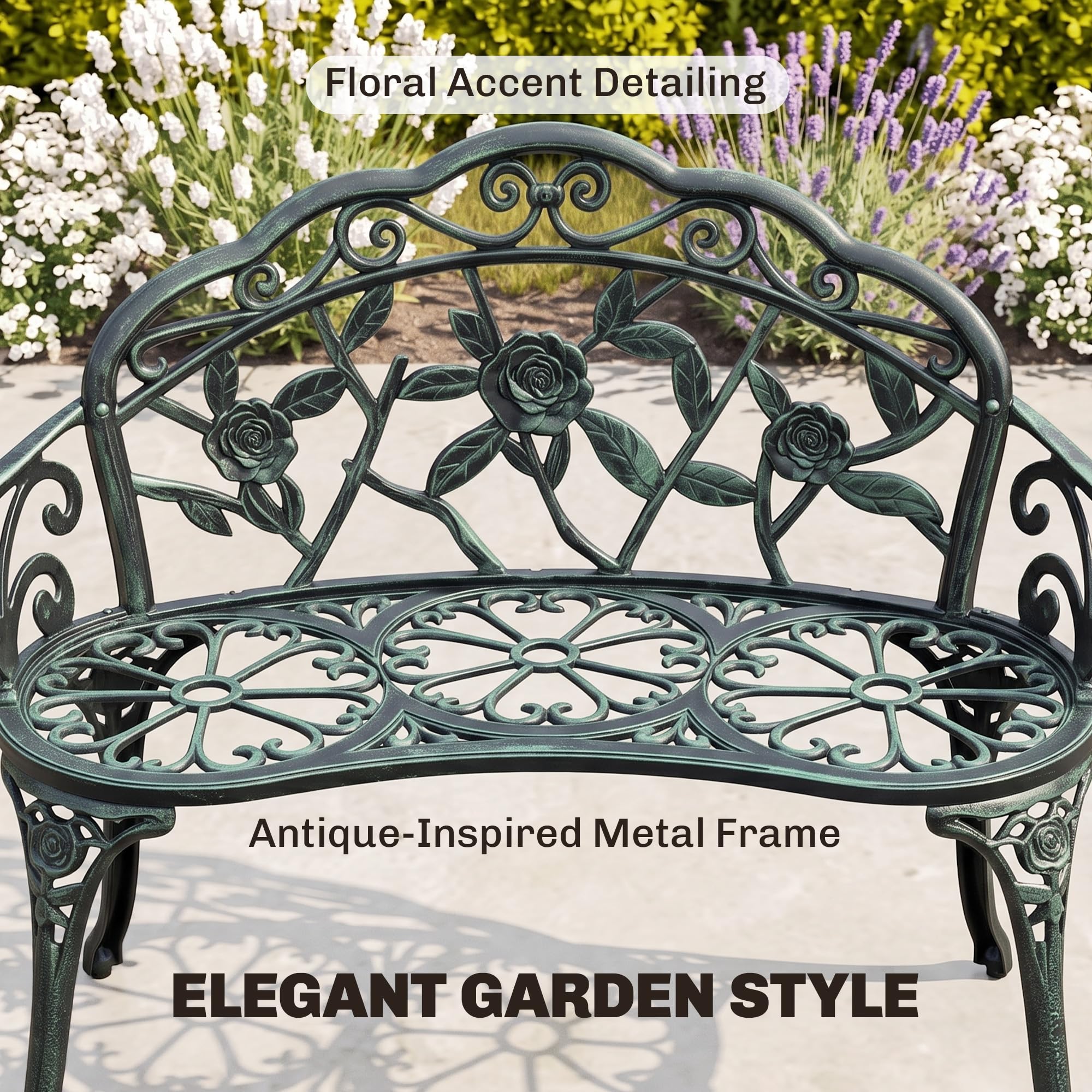 Outsunny Banc de Jardin 2 Places Style Néo-Rétro Motif Rose Vert Vieilli