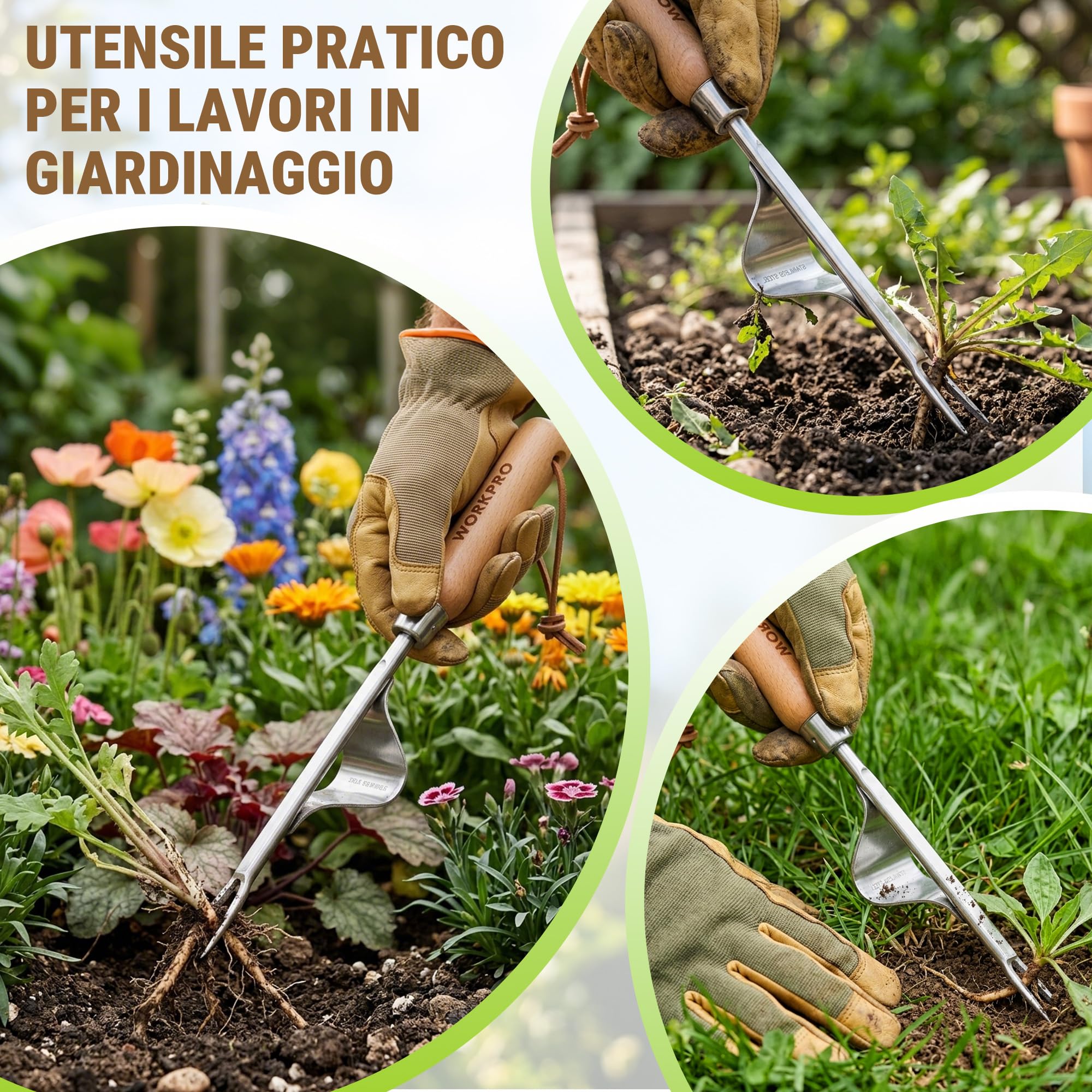 WORKPRO Estirpatore Erbacce Manuale in Acciaio Inossidabile e Legno di Faggio con Punta Vaffilata e Azione di Leva, Strumento Efficiente per Estirpare Erbacce, Utile Attrezzo da Giardino