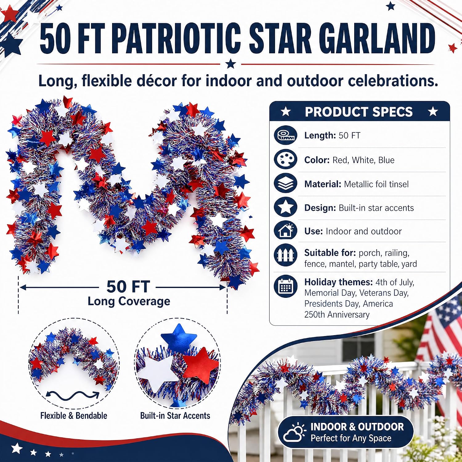 50 FT 4th of July Star Tinsel Garland, Red White and Blue Patriotic Decorations, Metallic Twist Garland for Mantels, Railings, Parade Float, Memorial Day & America 250 Independence Day Outdoor Decor