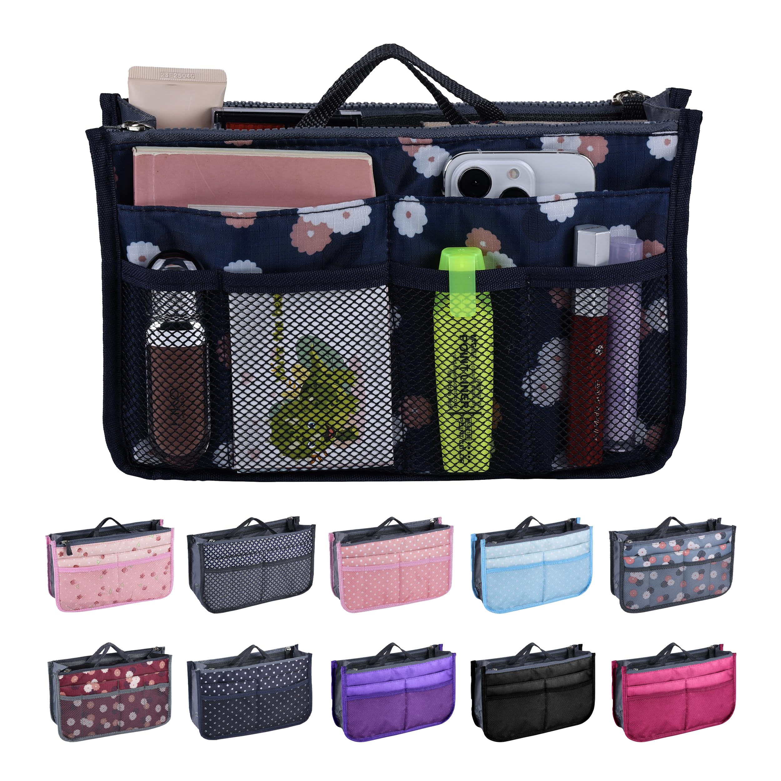 Jj Prime Floral, Black - Multi Compartment Handbag Insert | Expandable Insert With 13 Pockets (Floral)