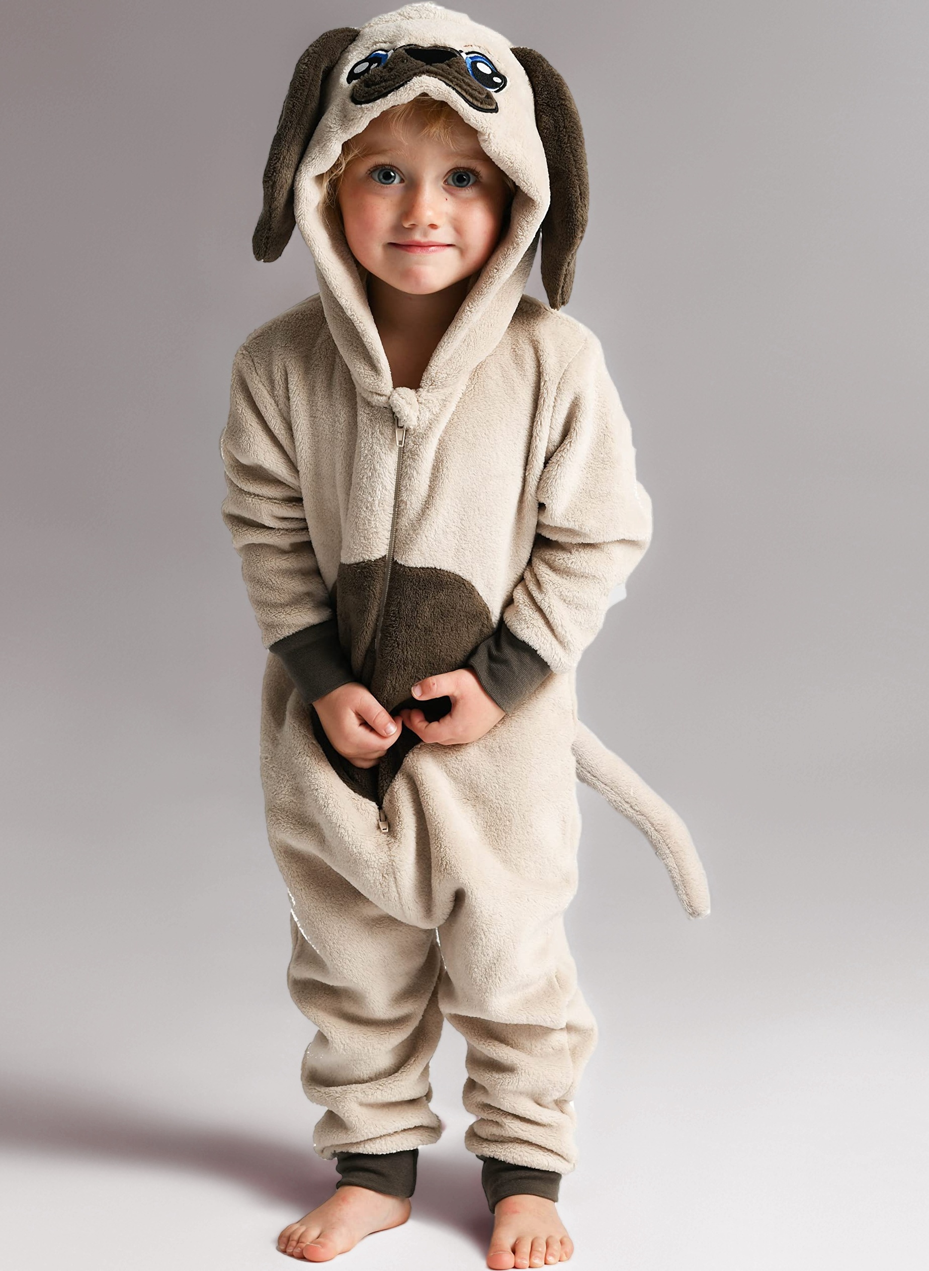 Wunsy Onesie for Boys or Girls Fluffy Pug Dog with Tail -Animal Costumes AllinOnes in Kids Ages 2-13 Years