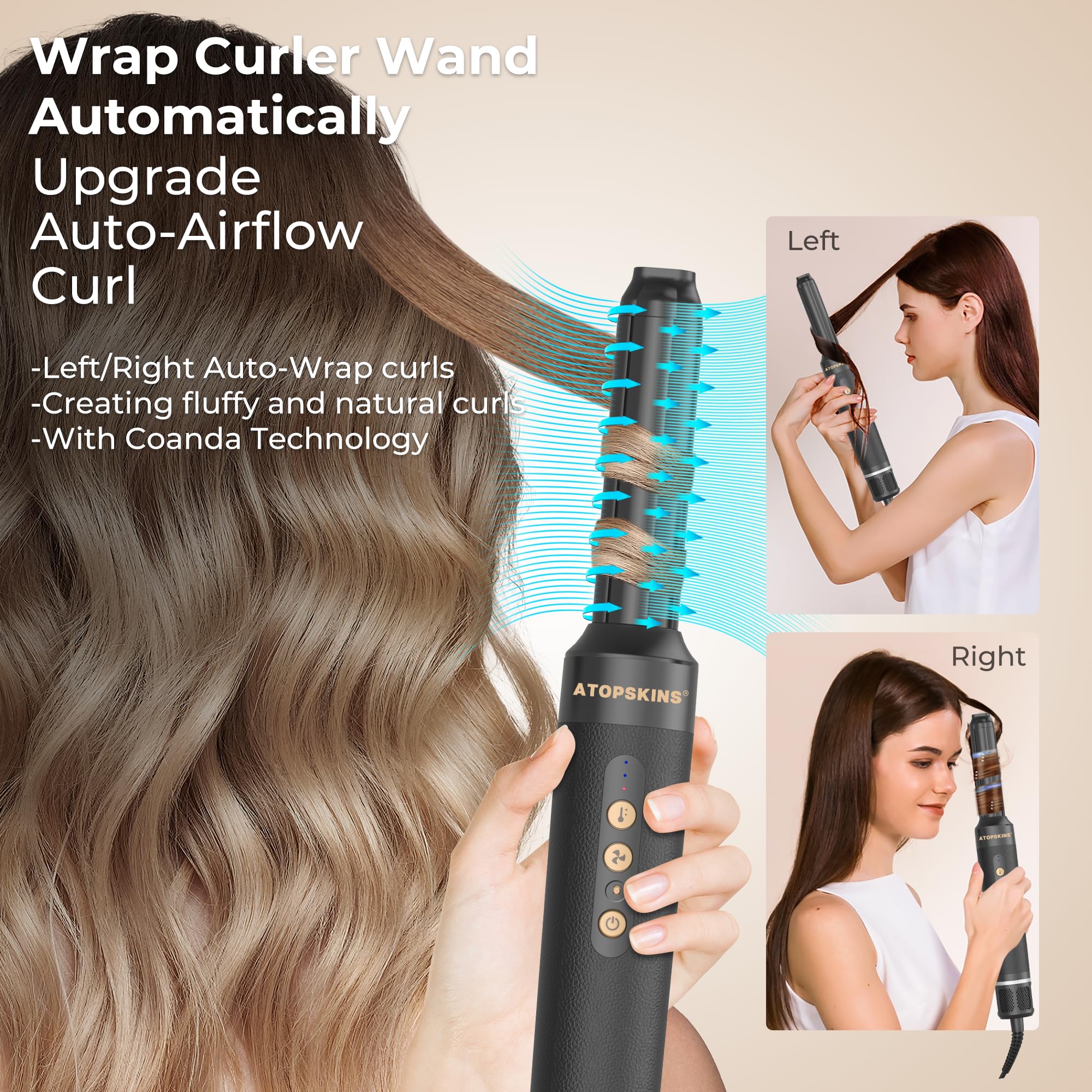 Sèche Cheveux Atopskins 7 en 1 Air Styler Pro,110000 TR/MIM Seche Cheveux Diffuseur Boucle, Air Fer à Boucler à Air de 30 mm,Brosse Souflante, Boucler les Cheveux, 3 Températures1400W Hair Styler