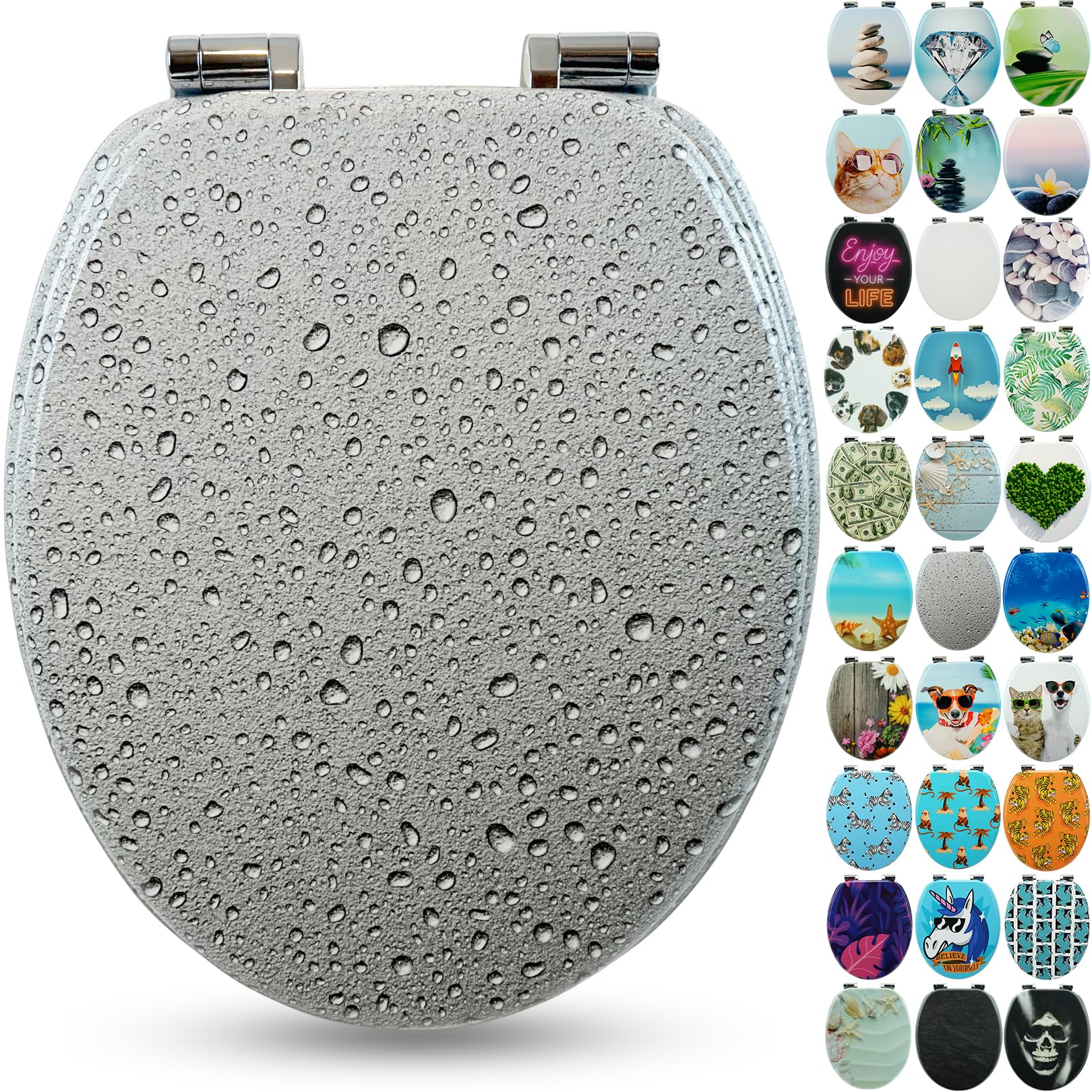 Sanfino® Premium Toilet Seat with Soft Close - Wooden Toilet Lid, Lots of Colourful and Decorative Designs, high Seating Comfort, Easy to Install Including Instructions - Grey Splash II — image 1