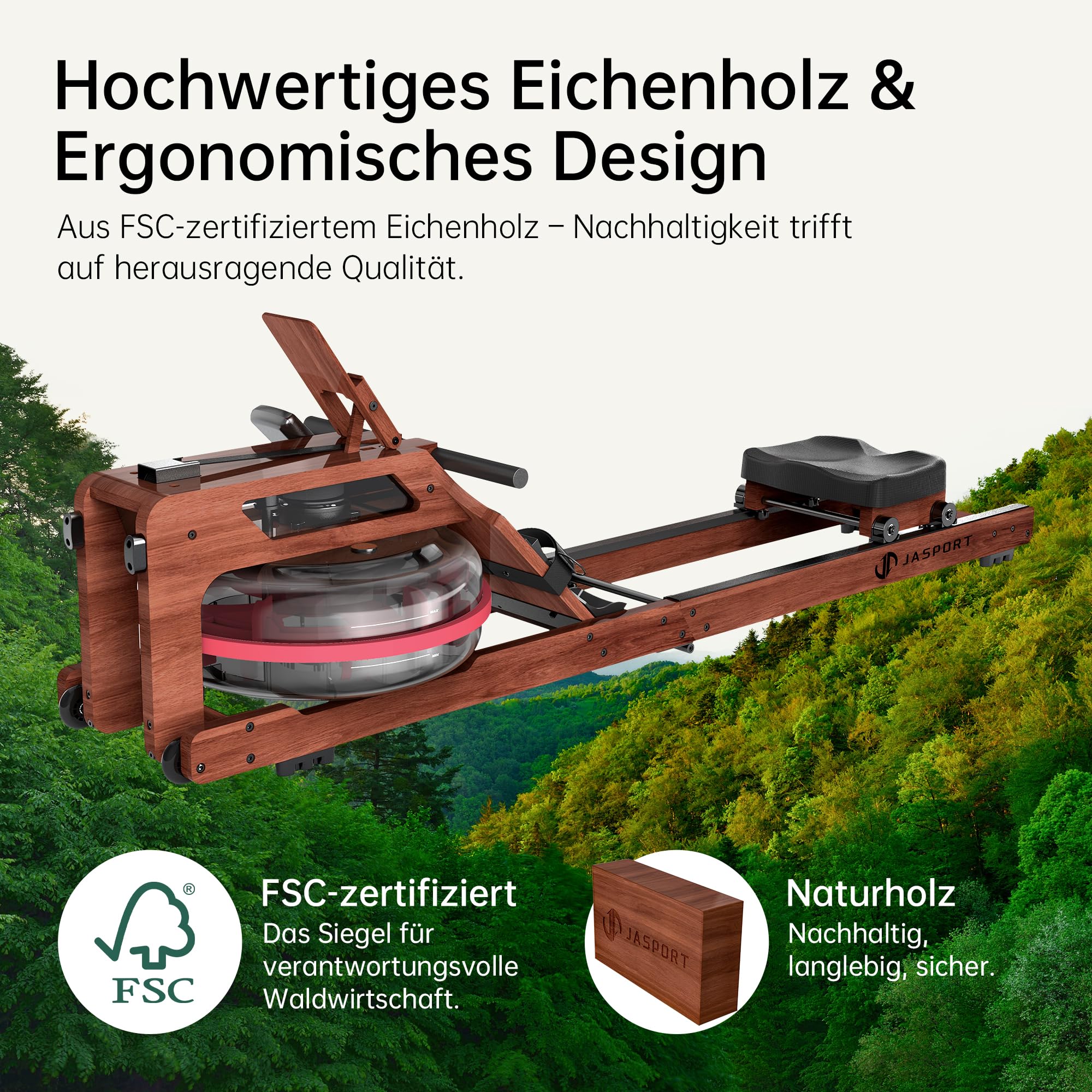 R3 Faltbares Rudergerät aus Eichenholz, mit Bluetooth-fähigem LCD-Display, kompatibel mit Kinomap, 28L Wassertank, belastbar bis 150 kg, ergonomischer Sitz, Verstellbarer Tablethalter