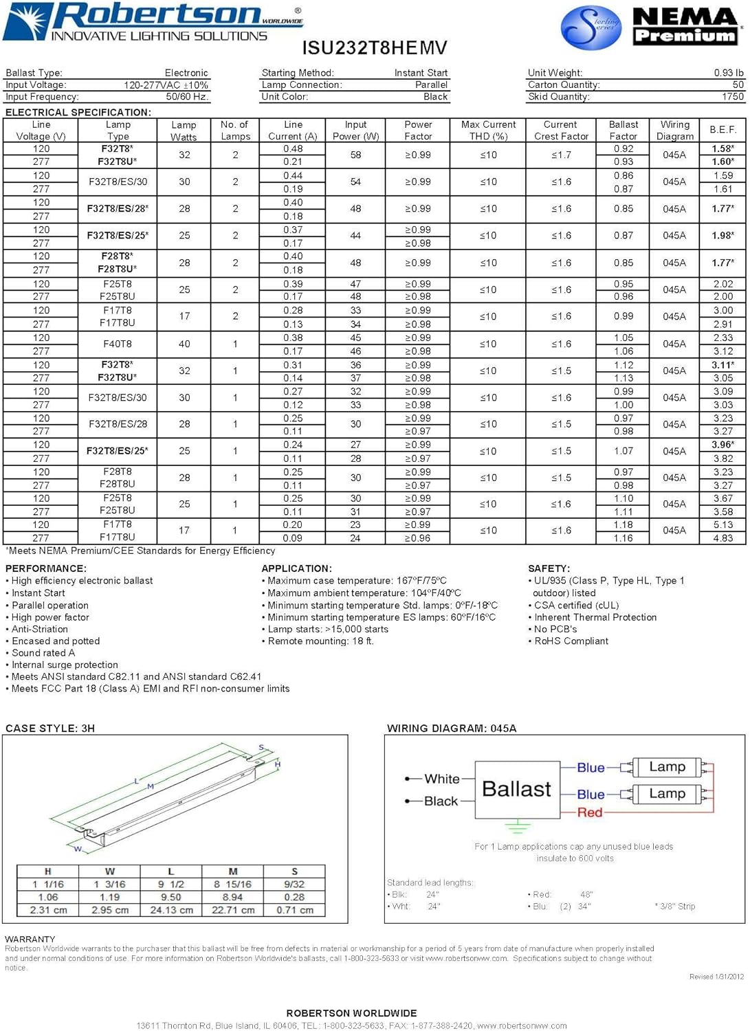 Robertson Worldwide ISU232T8HEMV (5P20214) - Fluorescent eBallast(s) for 2 F32T8 Linear Lamps, Instant Start, 120-277Vac, 50-60Hz, Normal Ballast Factor, HPF