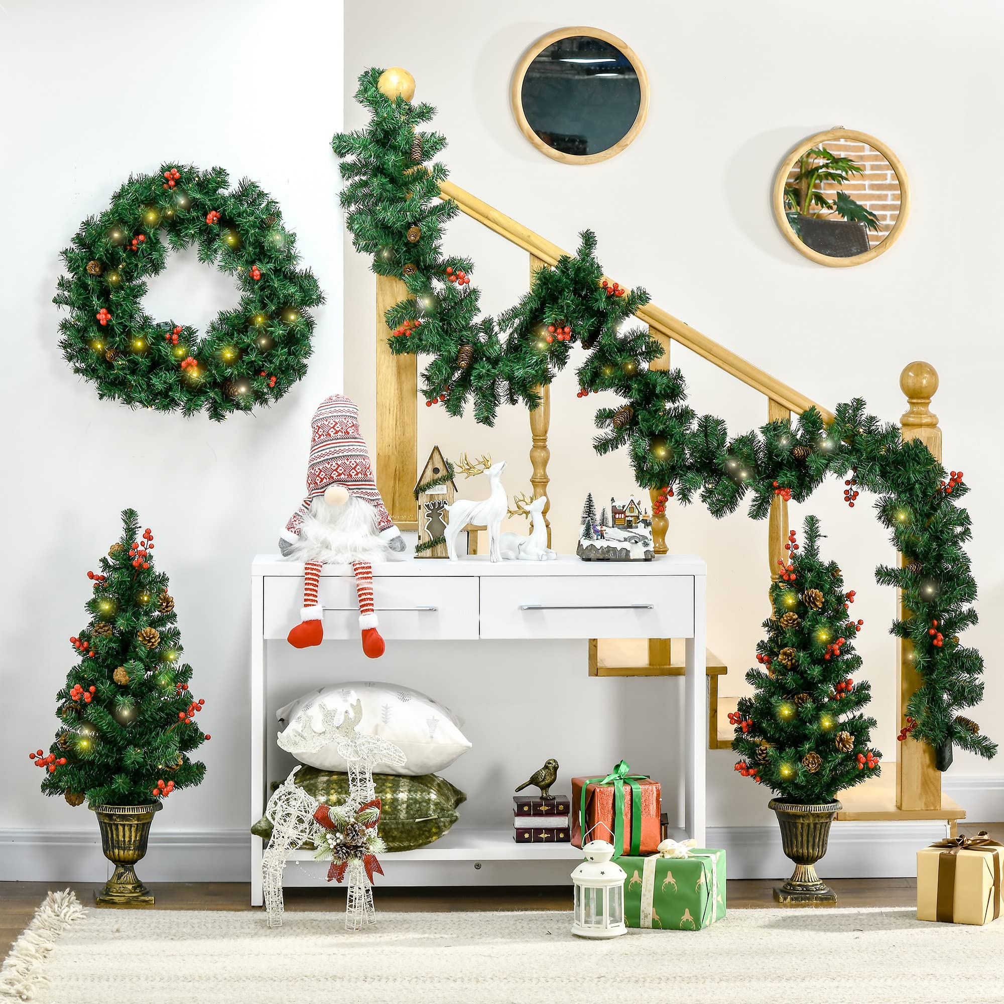 HOMCOM Lot de 4 Pièces Décoration de Noël Lumineuse, 1 Couronne, Vert