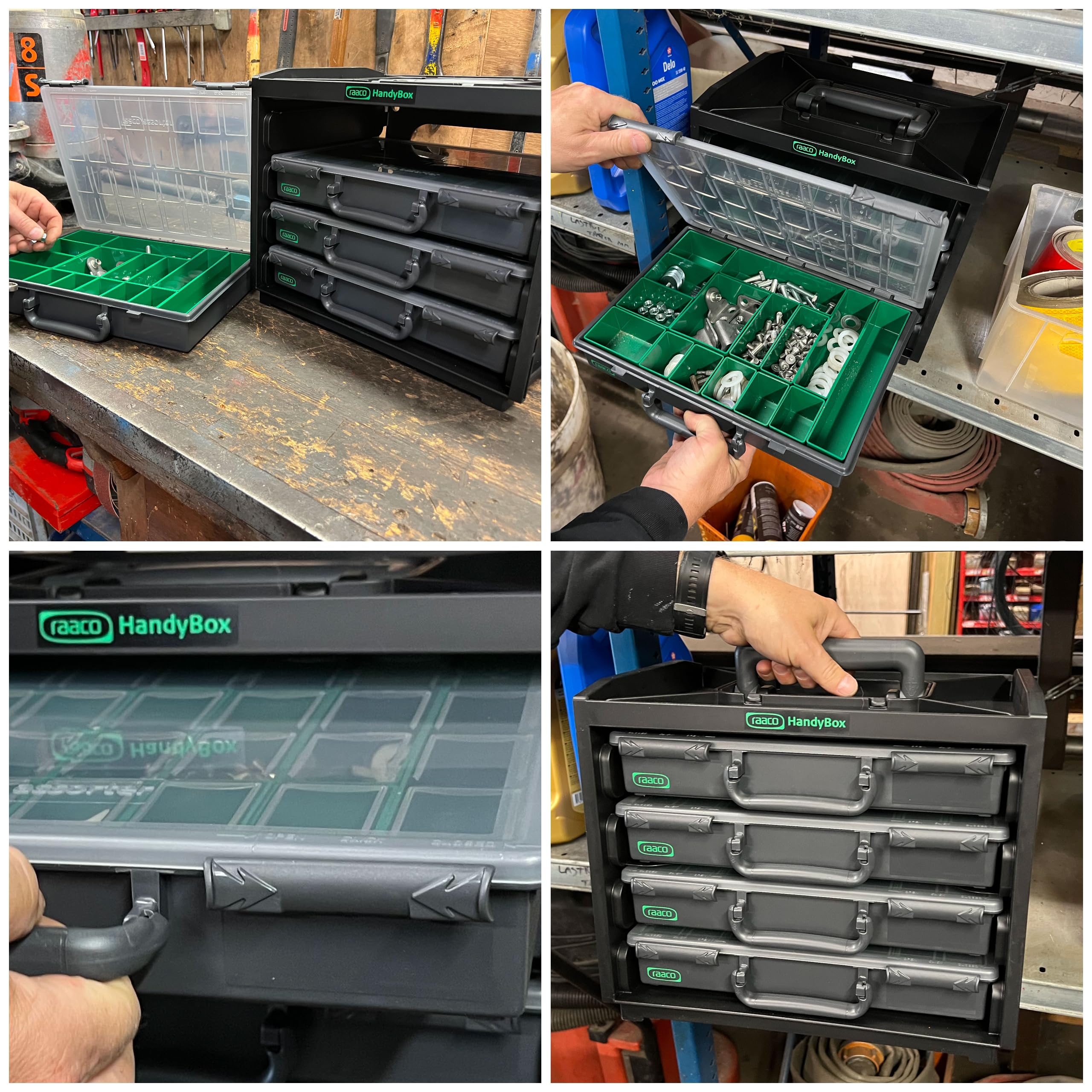 Raaco HandyBox, Capacidad de 25 kg, Caja Organizadora Resistente - set | Capacidad de 25 kg, Caja Organizadora Resistente para Taller, con 4 Cajas para Tornillos y Pequeñas Piezas, HandyBox, set