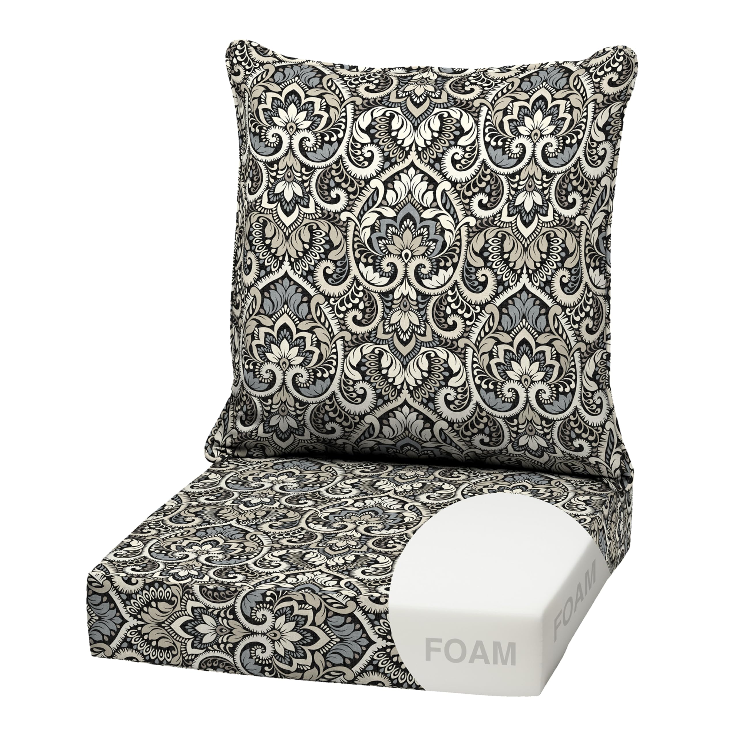 Arden Outdoor Deep Seat Cushion Set, Foam, 22x24, Black Damask