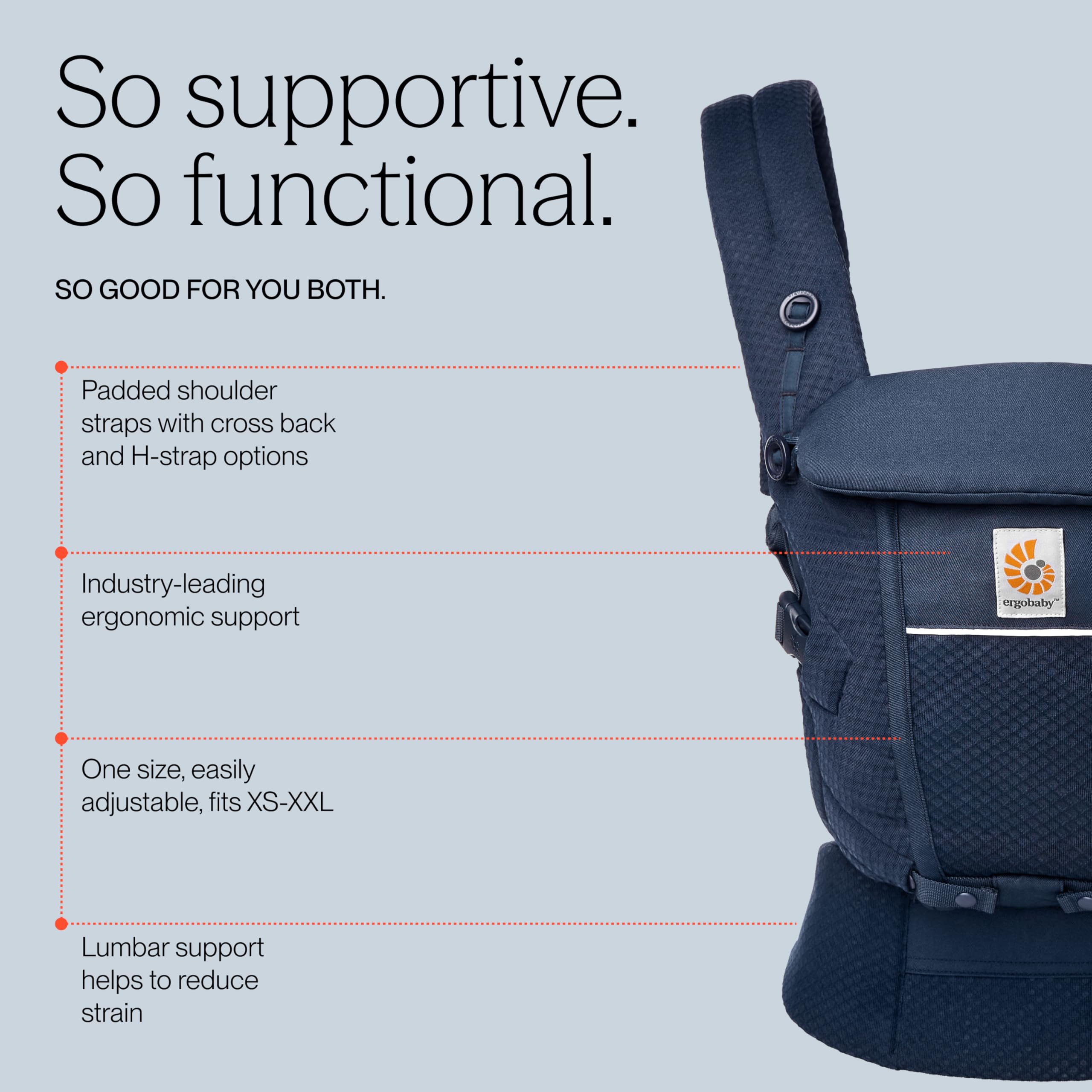 Ergobaby Adaptowy uchwyt dla noworodków, od narodzin, 3 pozycje, siatka SoftFlex, ergonomiczna pozycja noszenia dla niemowląt do przodu i z tyłu, Midnight Blue