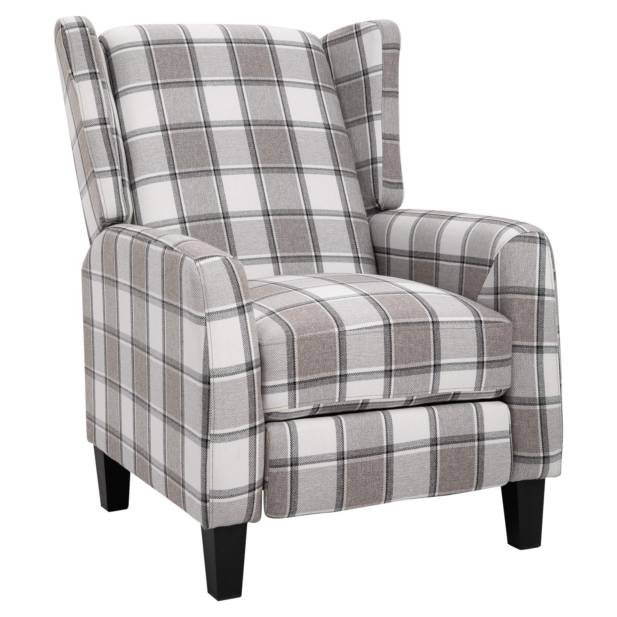 HOMCOM Plaid Reclining Armchair w/Wood Frame Footrest Padding Ergonomic Metal Base Home Furniture Stylish Bedroom Living Room Grey