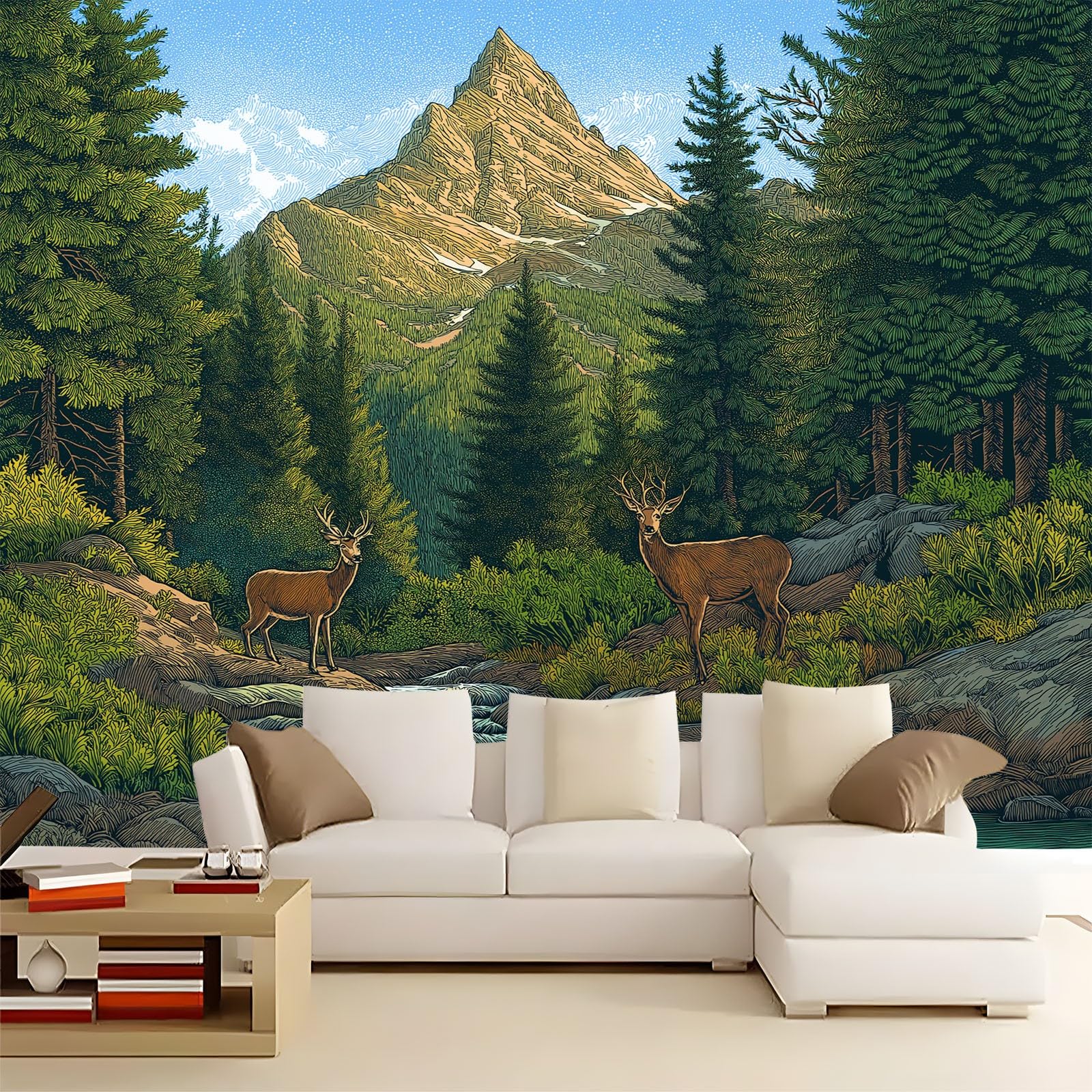 Tapeta 3D, las, strumień, jeleń, 250 x 175 cm, murale ścienne, naturalne elementy, włóknina, fototapeta do salonu, sypialni, pokoju dziecięcego, biura, dekoracja, łatwa w instalacji